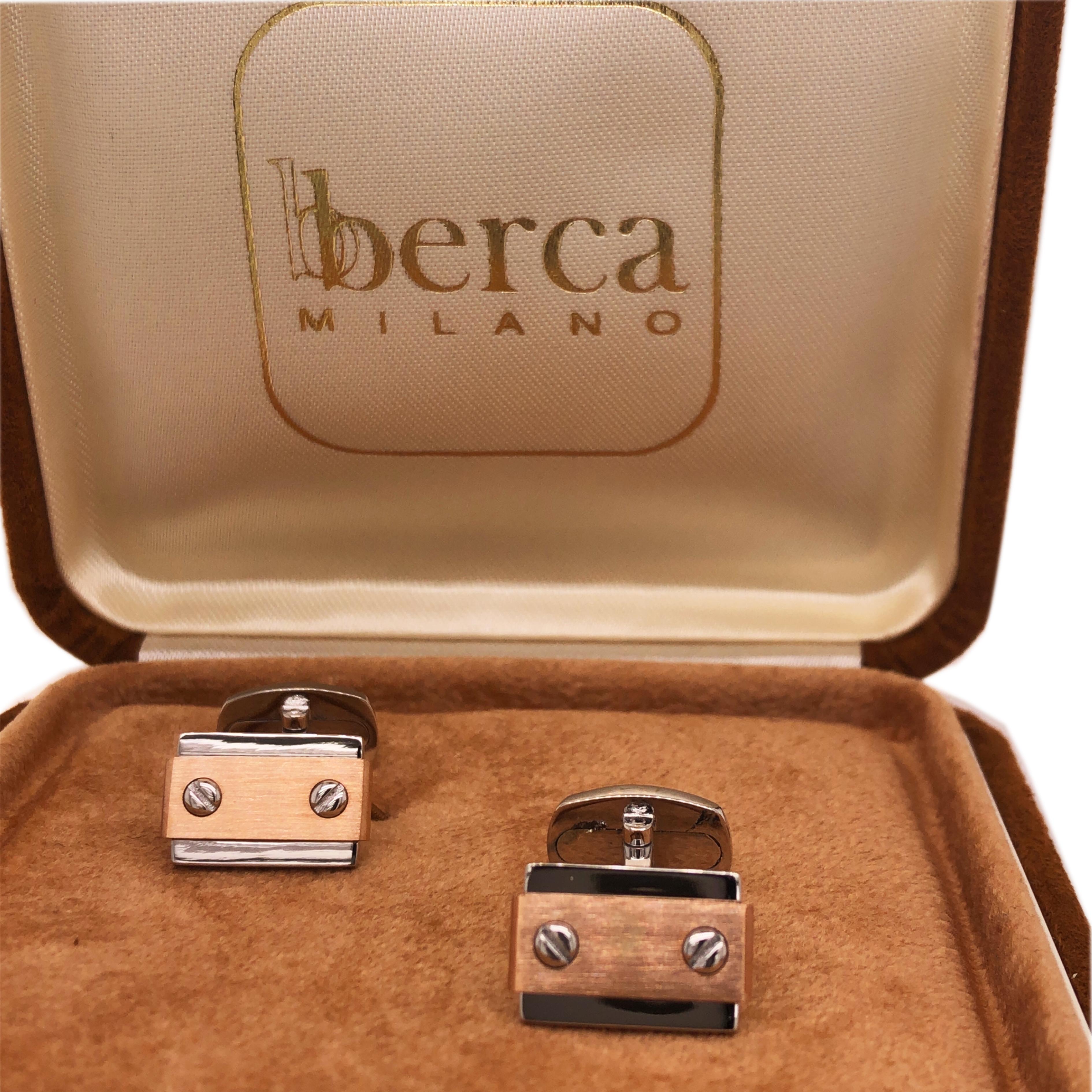 Contemporary Berca 18kt Brushed Rose Gold Rectagular Shaped Sterling Silver Cufflinks For Sale