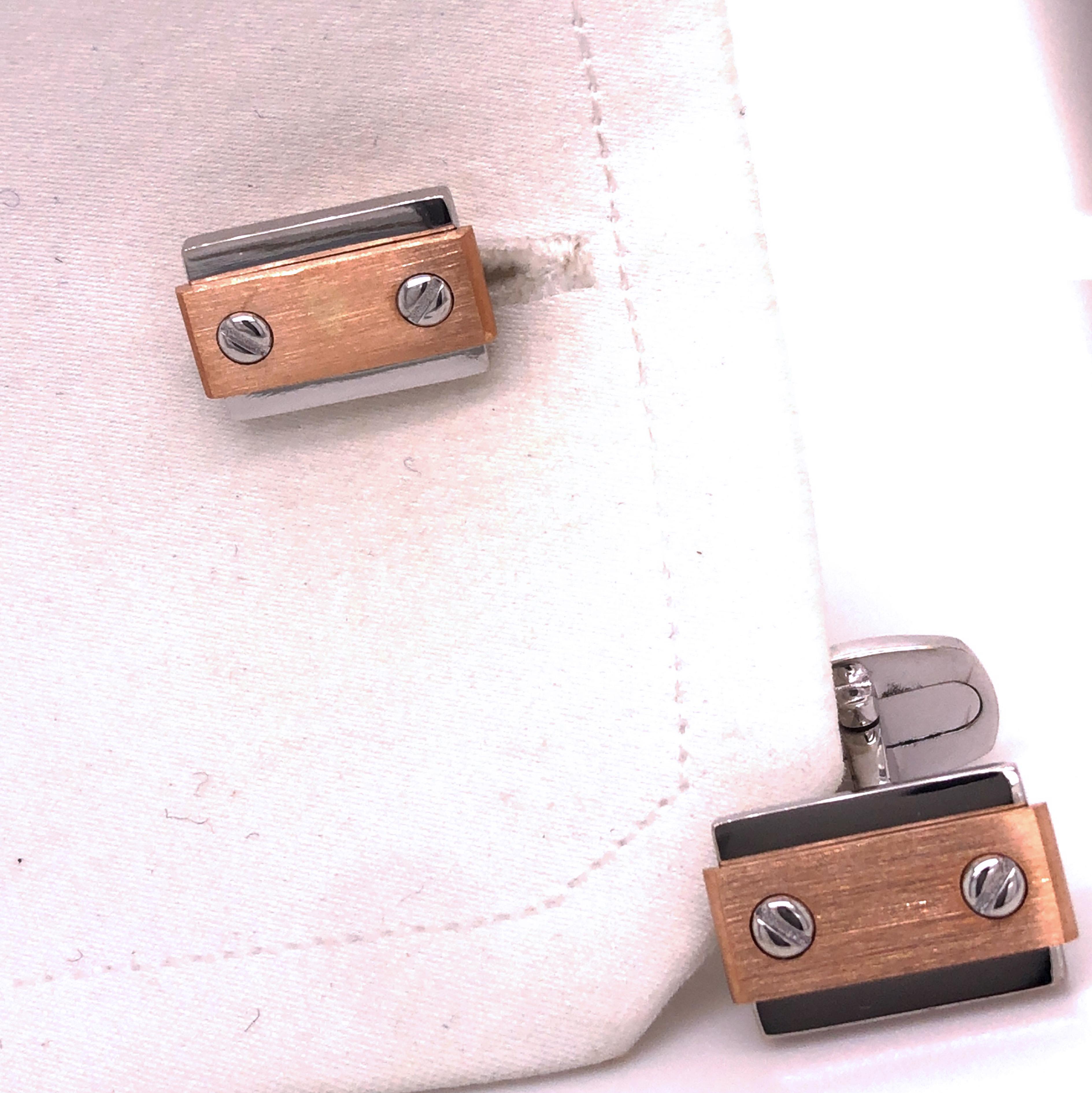 Gemelos de plata de ley con forma rectangular Berca de oro rosa cepillado de 18 quilates en venta 3