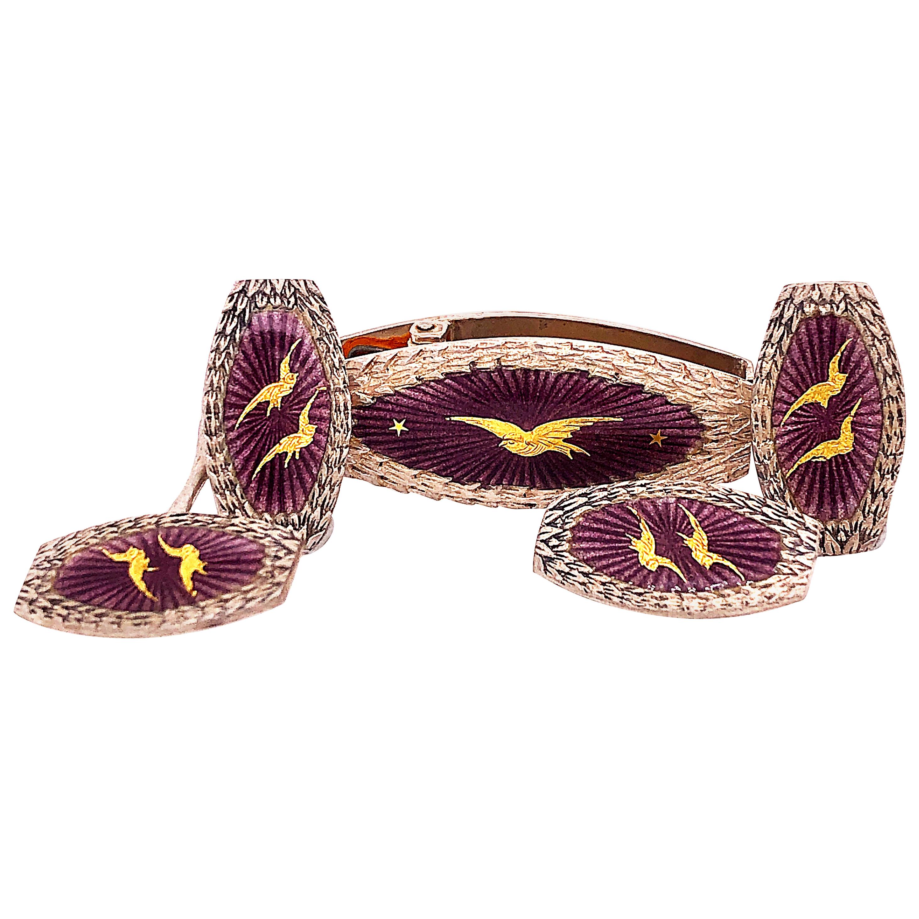 Berca 1920 Hand Engraved Golden Specks Purple Enameled Silver Tie Clip Cufflinks