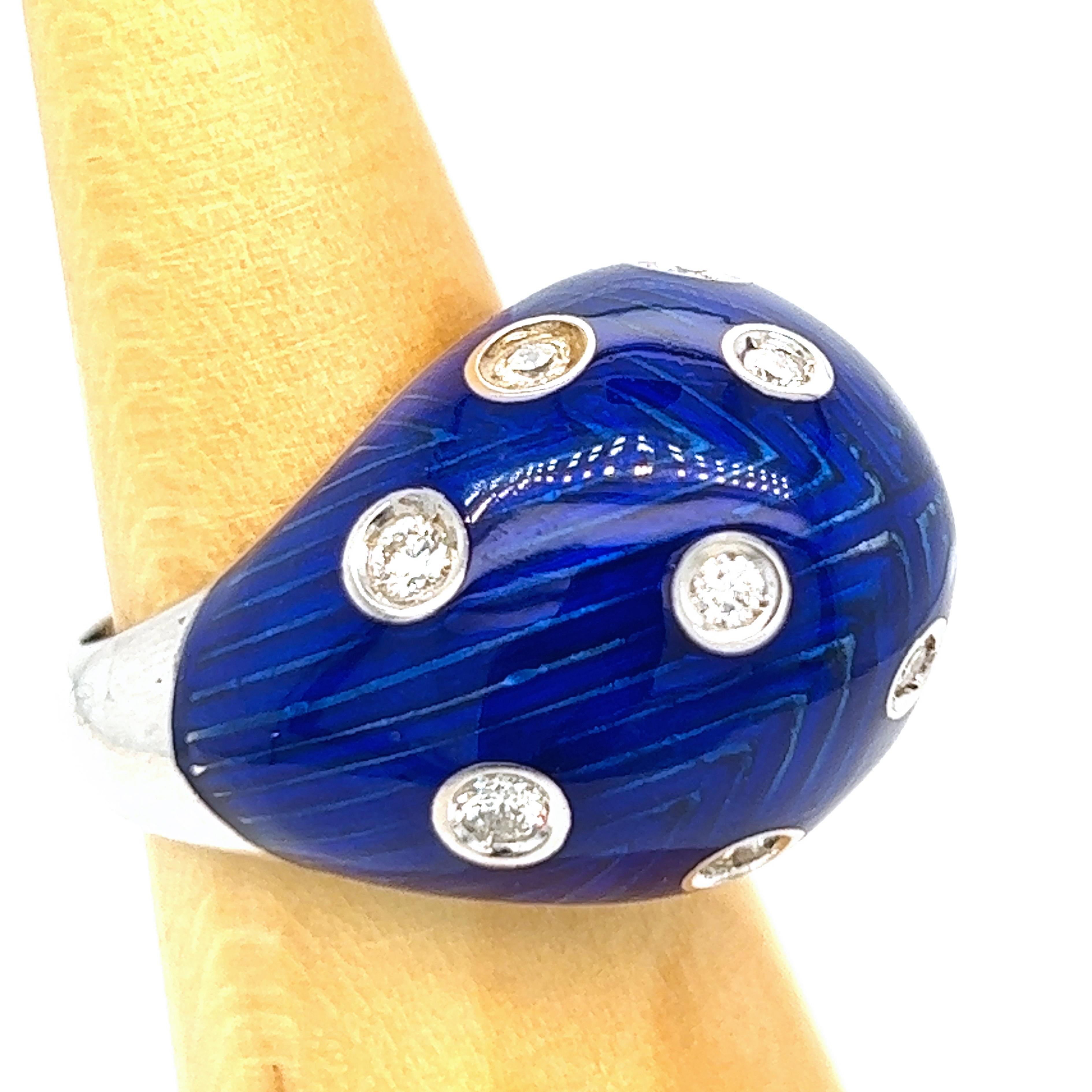 Berca 1950 Royal Blue Hand Enameled Egg Shaped White Diamond Cocktail Dome Ring For Sale 4