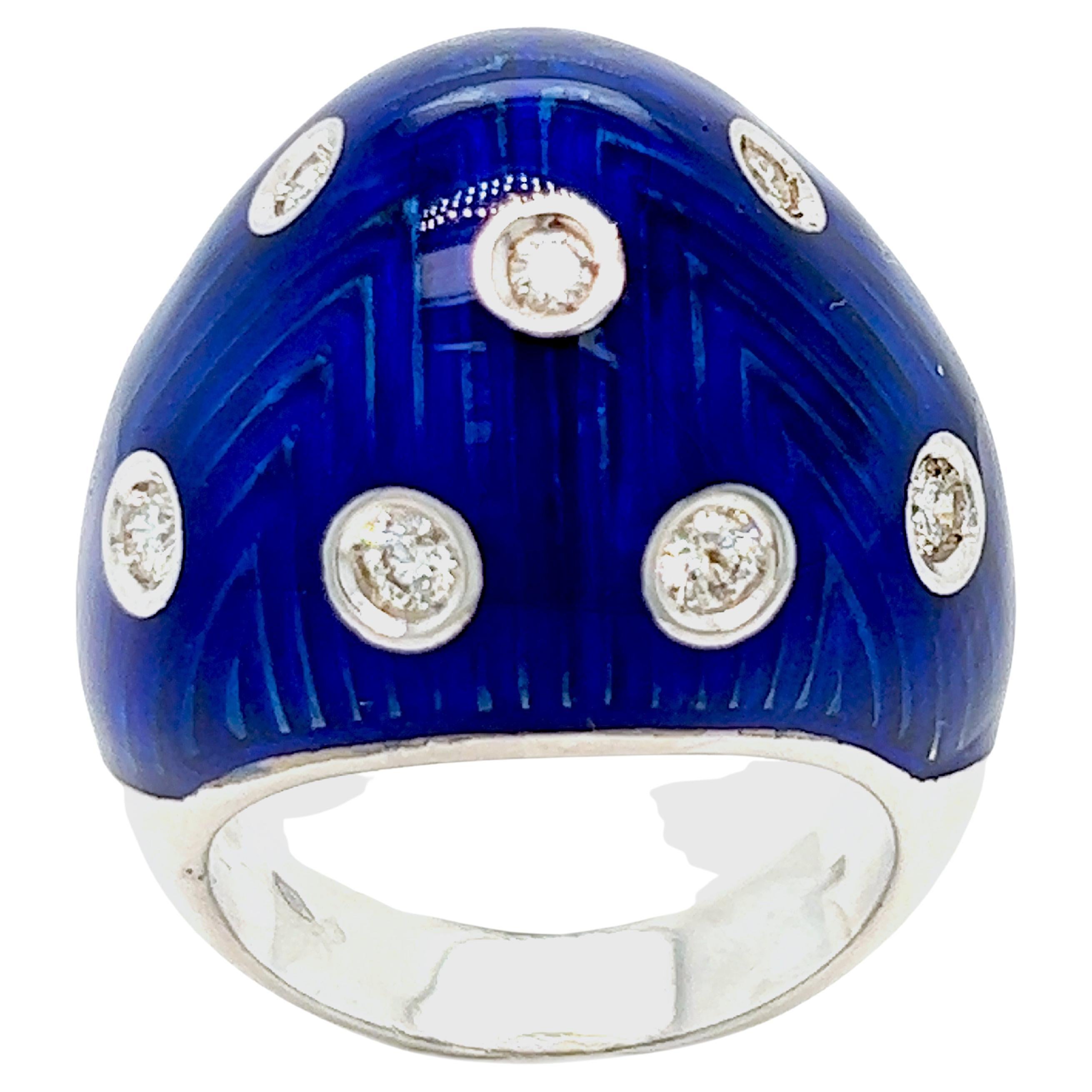 Berca 1950 Royal Blue Hand Enameled Egg Shaped White Diamond Cocktail Dome Ring