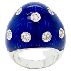 Retro Berca 1950 Royal Blue Hand Enameled Egg Shaped White Diamond Cocktail Dome Ring