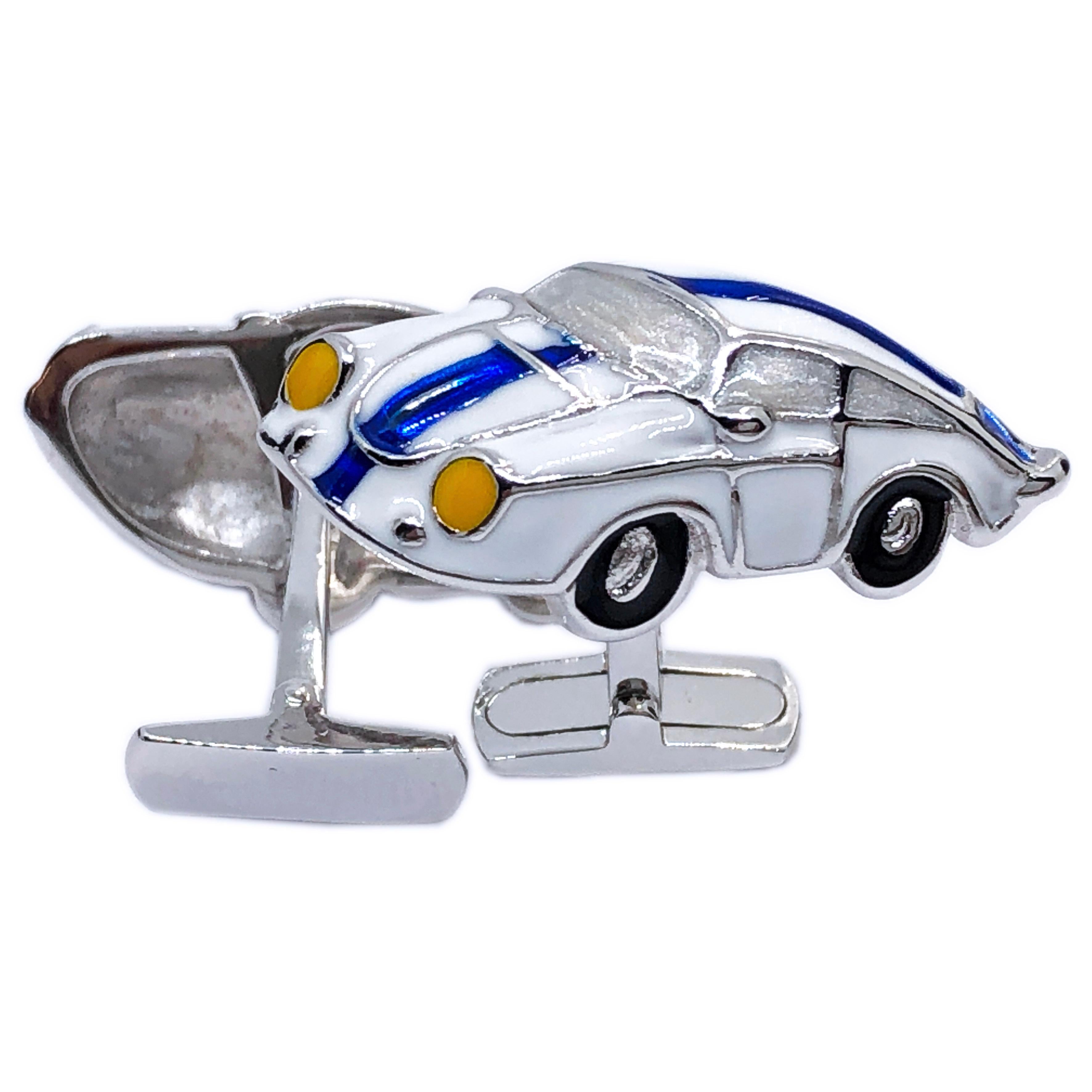 Unique, 1970 American Racing Color 911 Porsche Shaped T-Bar Back Hand Enameled Sterling Silver Cufflinks. These cufflinks are handcrafted by the fine craftsmen of the Berca atelier in Italy and are delivered in an elegant box. Each jewel we produce