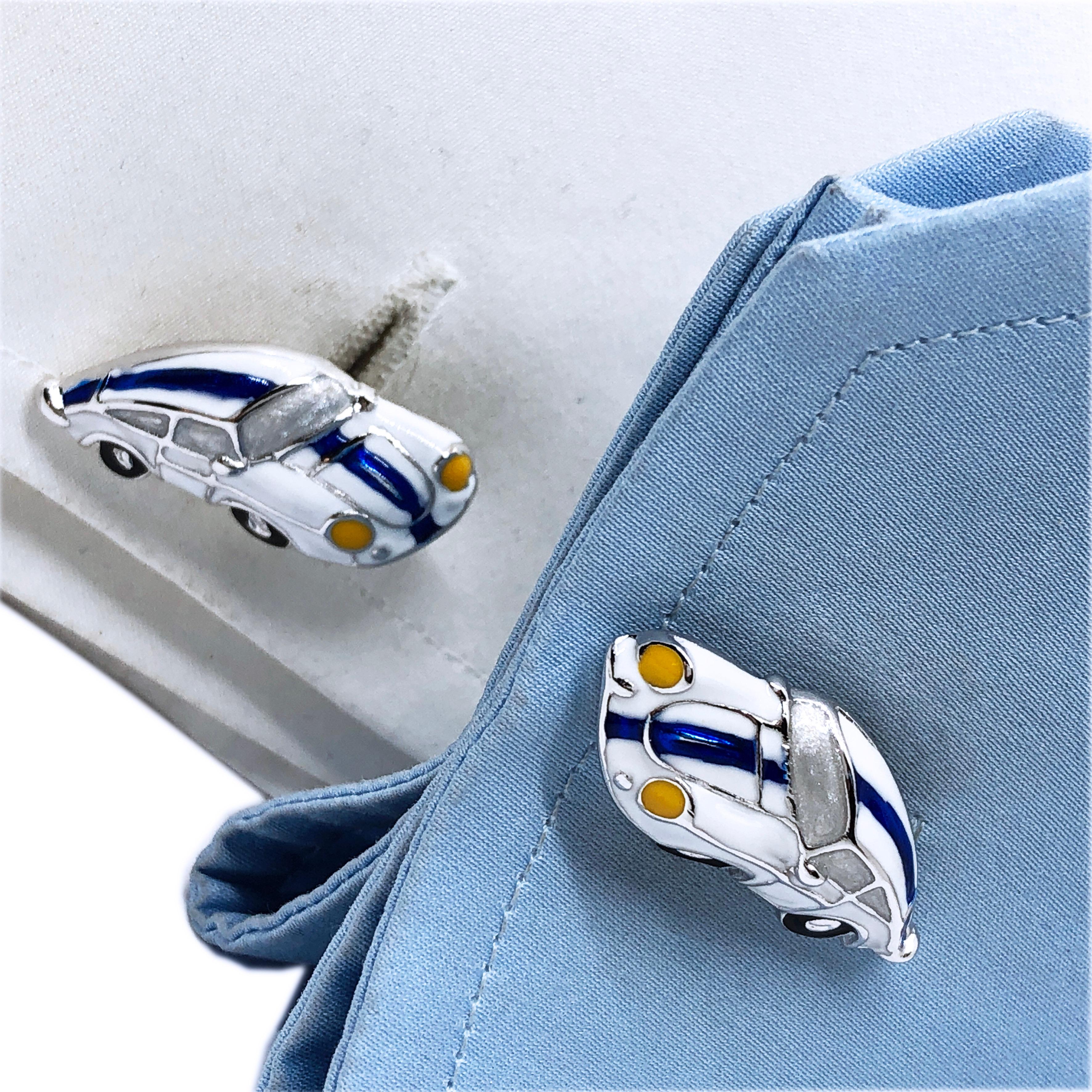 Contemporary Berca 1970 American Racing Color 911 Porsche Enameled Sterling Silver Cufflinks For Sale
