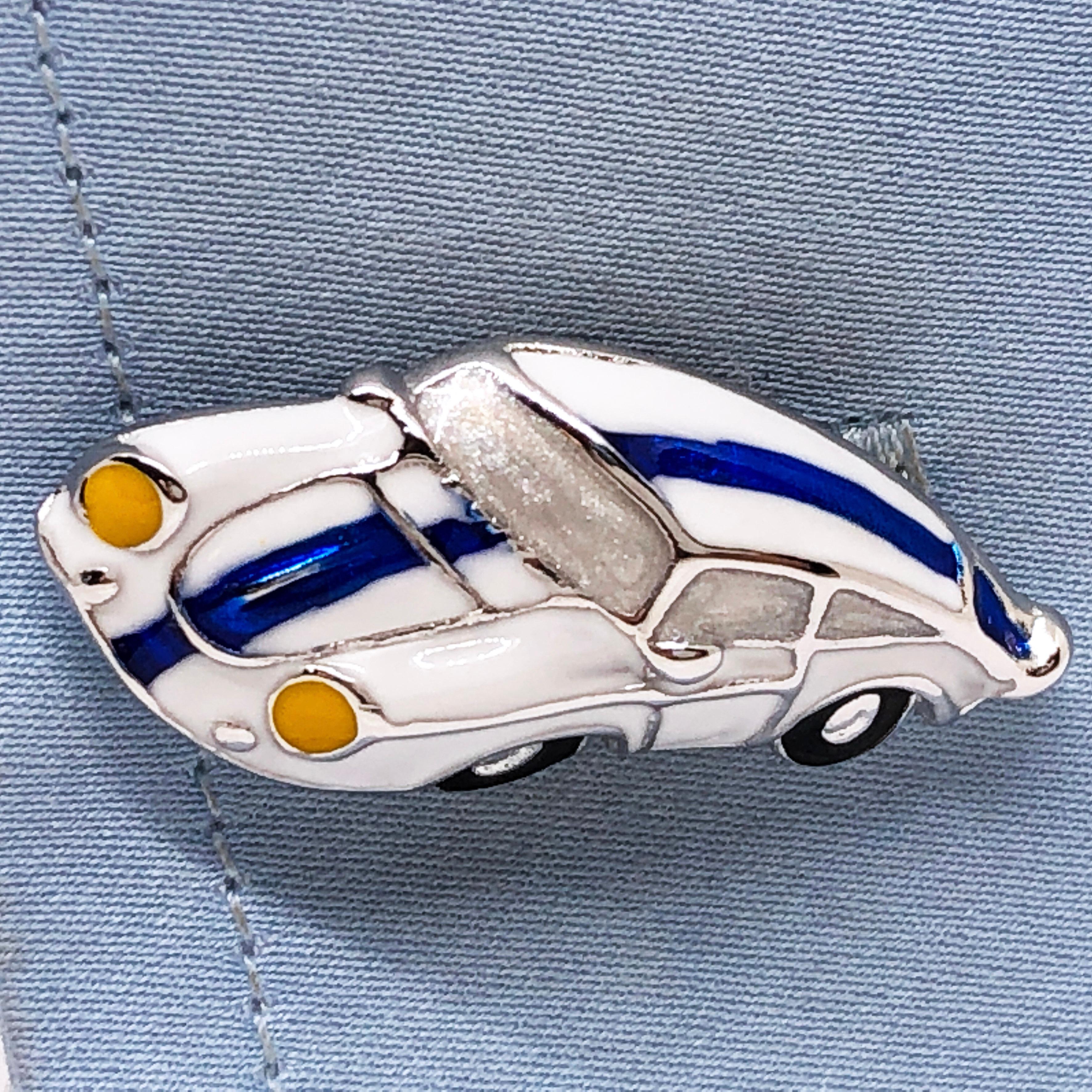 Contemporary Berca 1970 American Racing Color 911 Porsche Enameled Sterling Silver Cufflinks For Sale