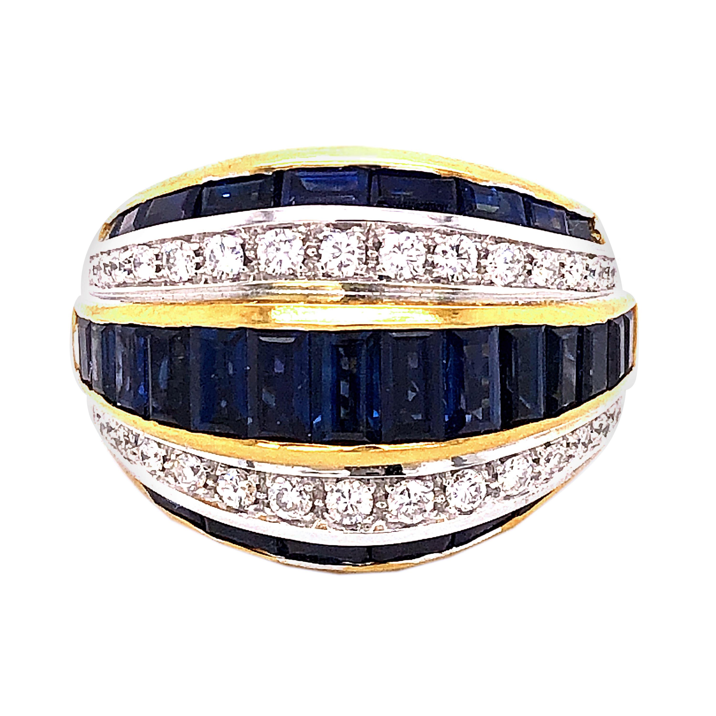 Berca 1980 5.33 Karat Natural Blue Sapphire Baguette White Diamond Cocktail Ring