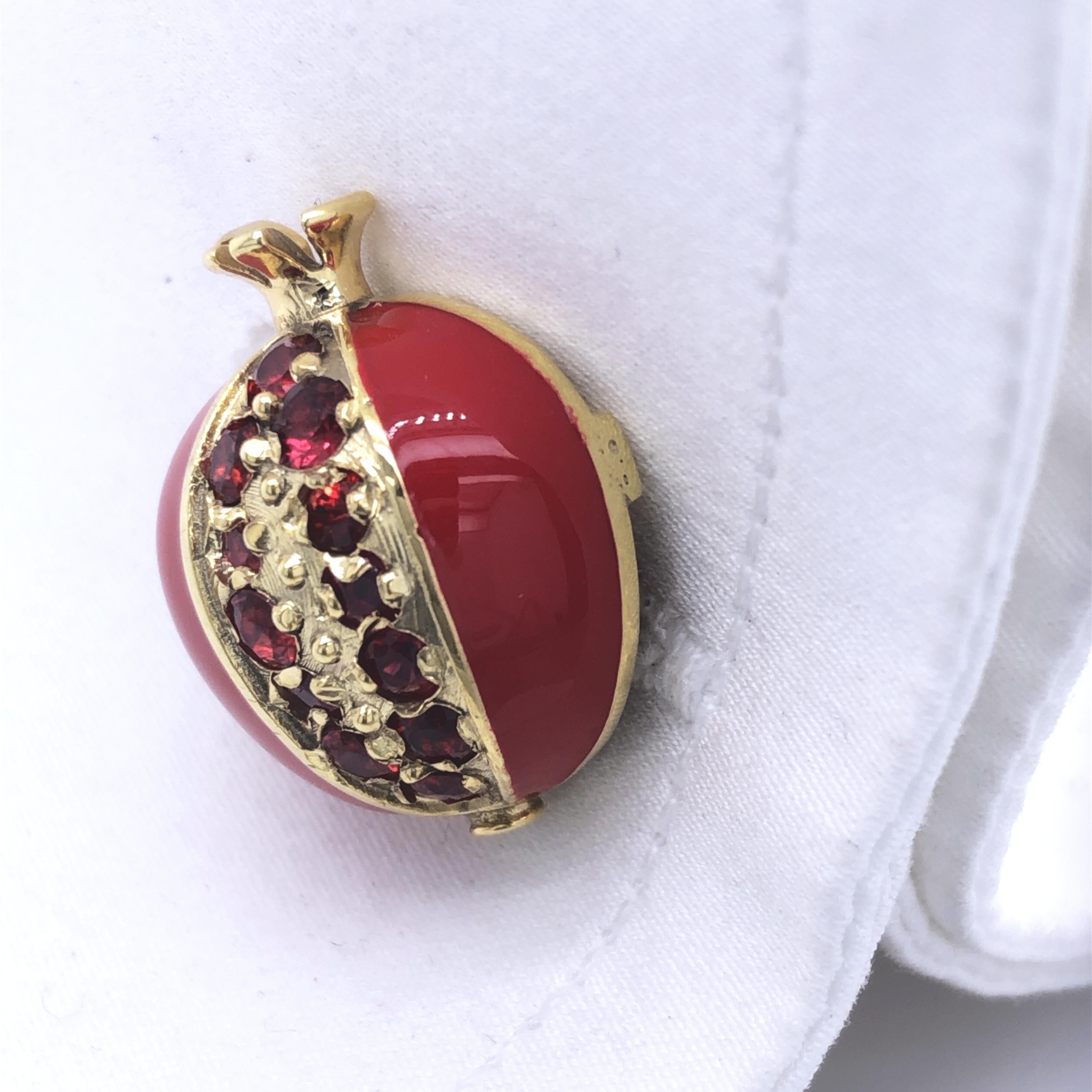Berca 2.05 Karat Ruby Red Hand Enameled Pomegranate Shaped Gold Cufflinks For Sale 3