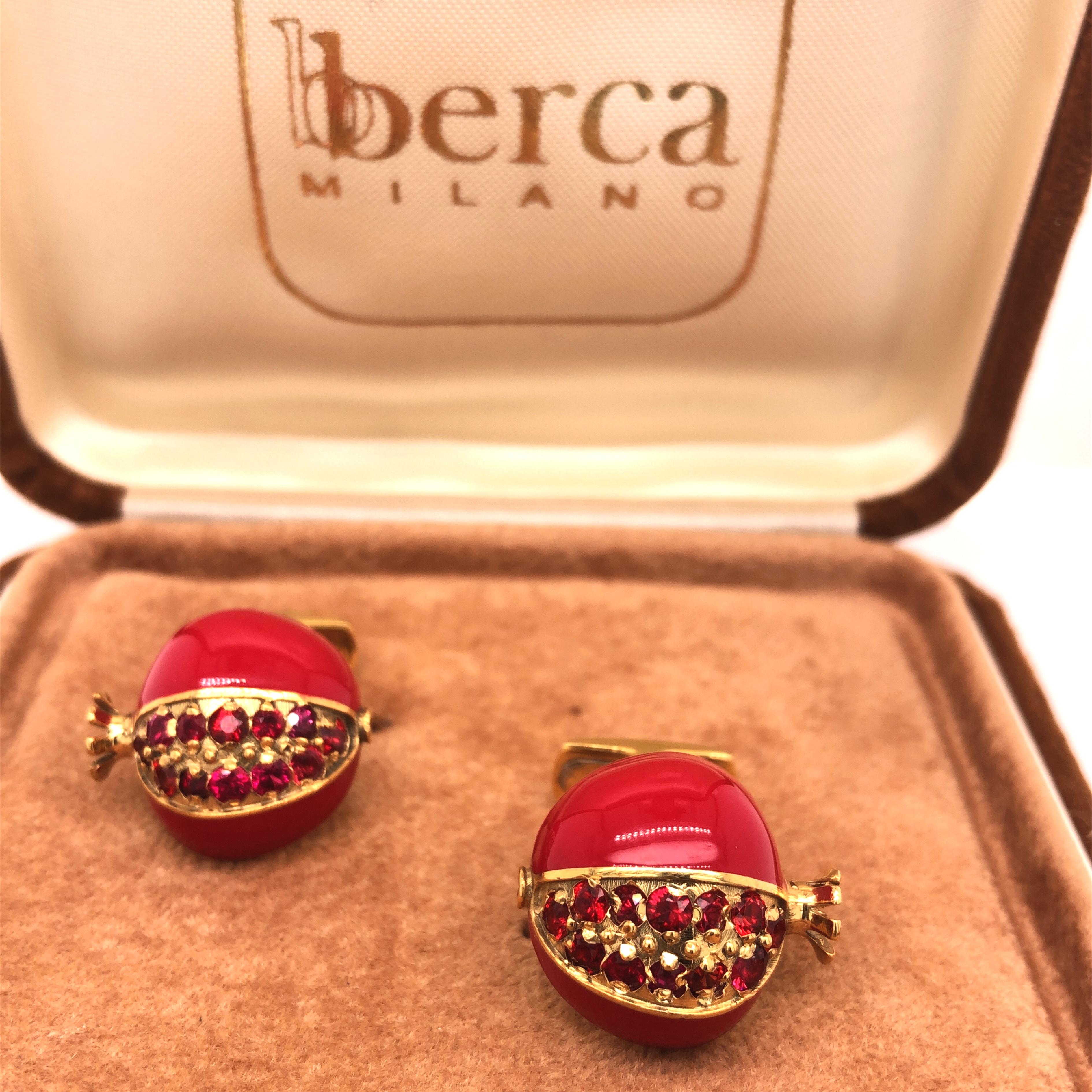 Berca 2.05 Karat Ruby Red Hand Enameled Pomegranate Shaped Gold Cufflinks For Sale 6