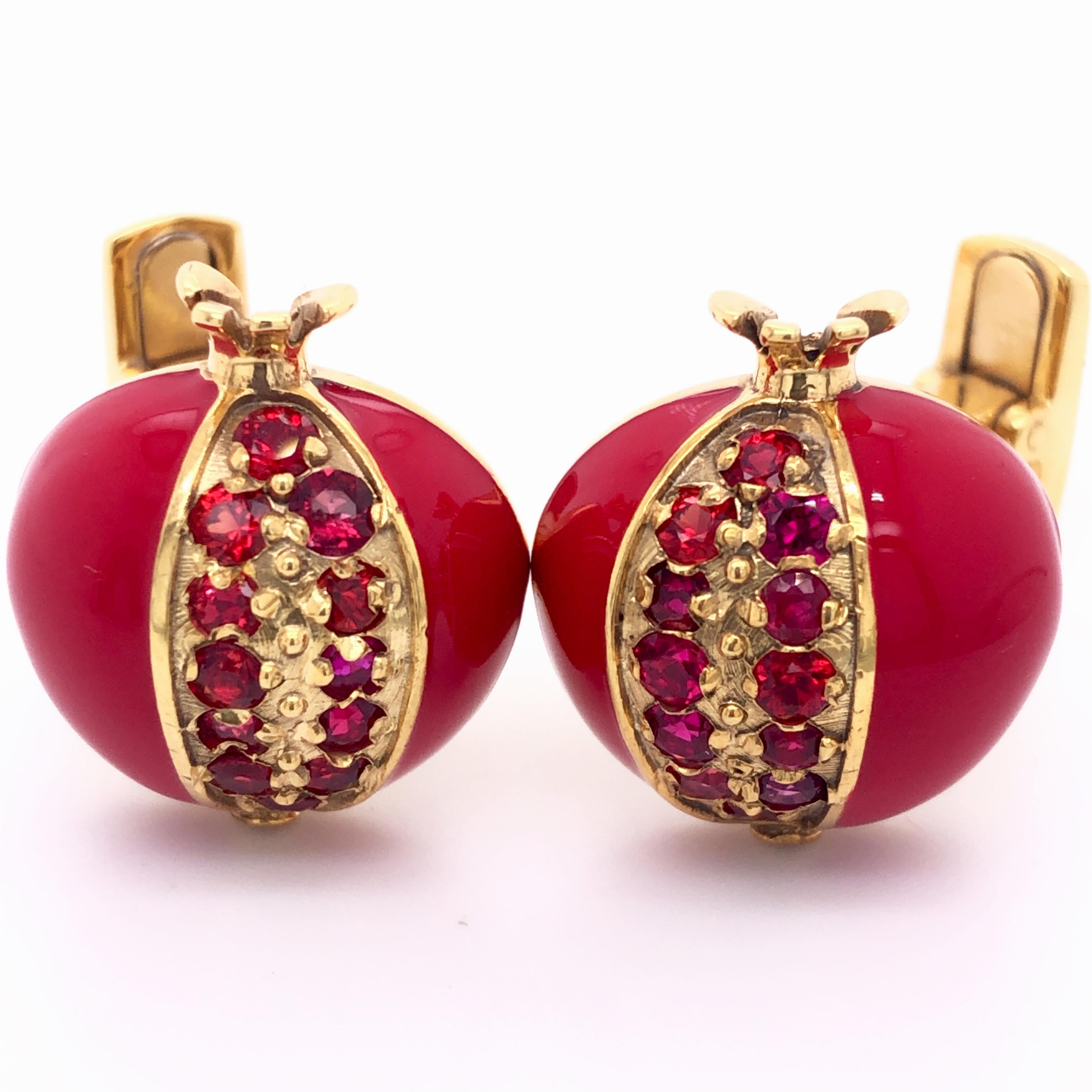 Berca 2.05 Karat Ruby Red Hand Enameled Pomegranate Shaped Gold Cufflinks For Sale 7