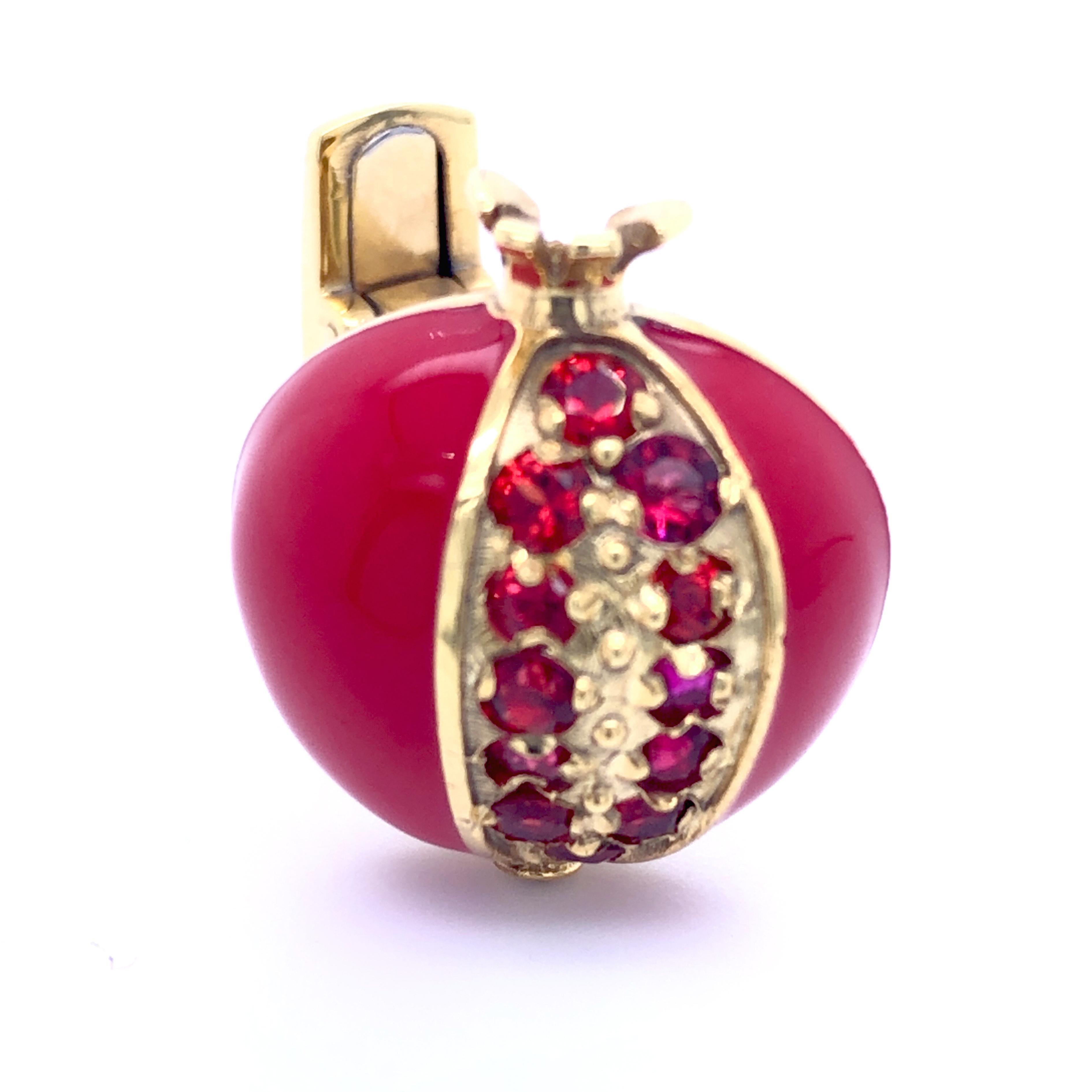 Unique, absolutely chic, Red Hand Enameled Pomegranate Shaped Cufflinks featuring 2.05 Carat Natural Ruby  in a yellow gold setting, T-bar back. Since antiquity Pomegranates have symbolized fertility, beauty, power and eternal life.
In our smart
