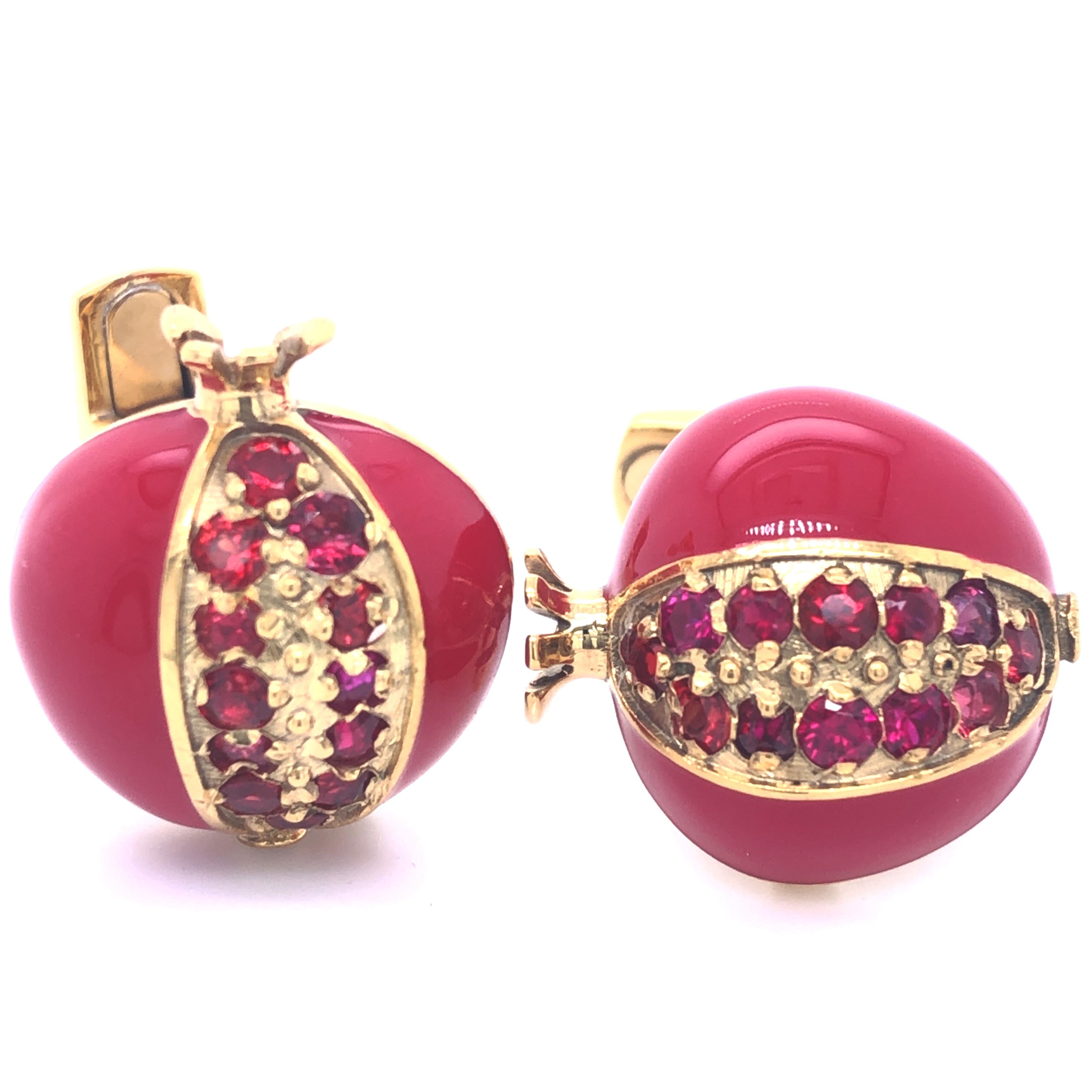 Contemporary Berca 2.05 Karat Ruby Red Hand Enameled Pomegranate Shaped Gold Cufflinks For Sale