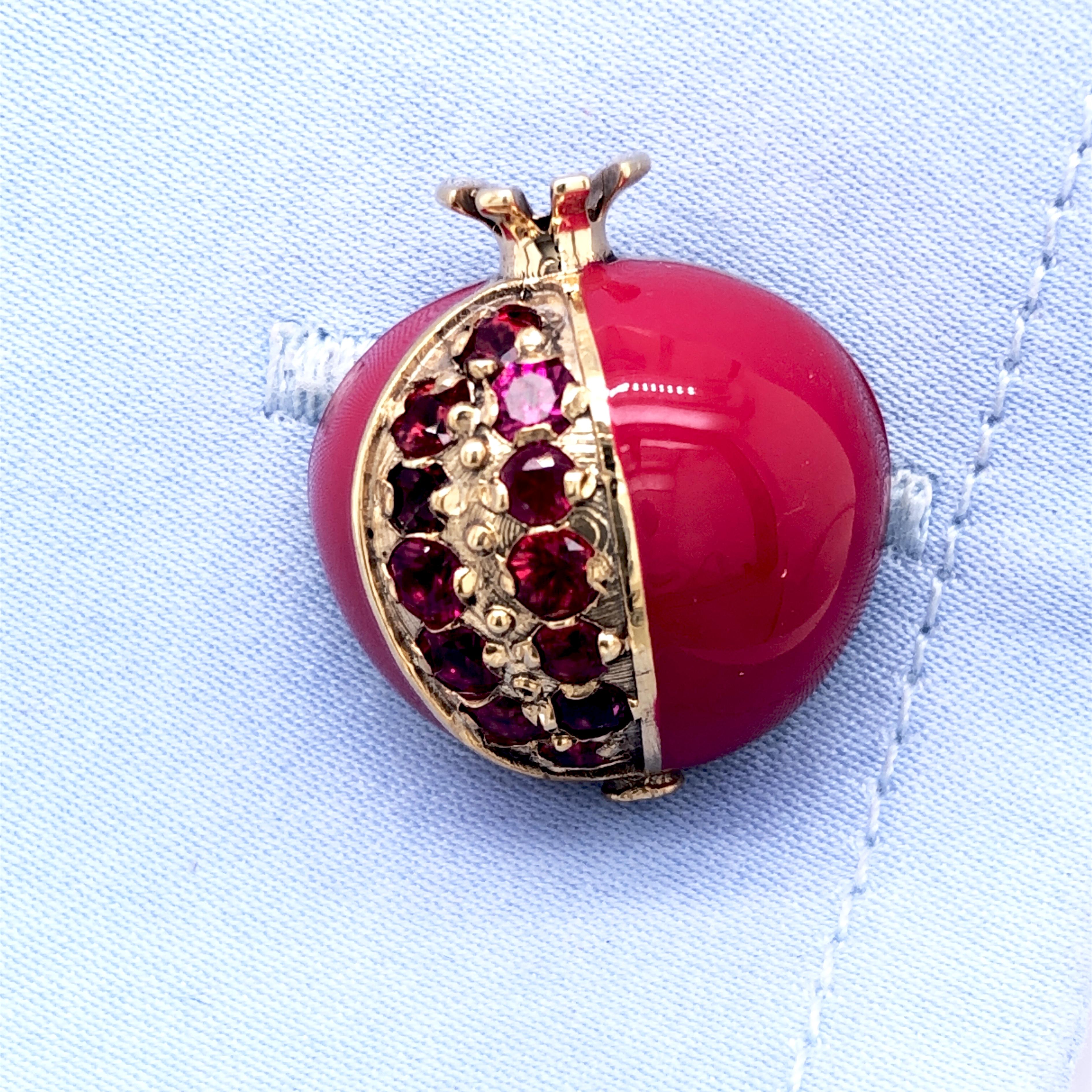 Men's Berca 2.05 Karat Ruby Red Hand Enameled Pomegranate Shaped Gold Cufflinks For Sale
