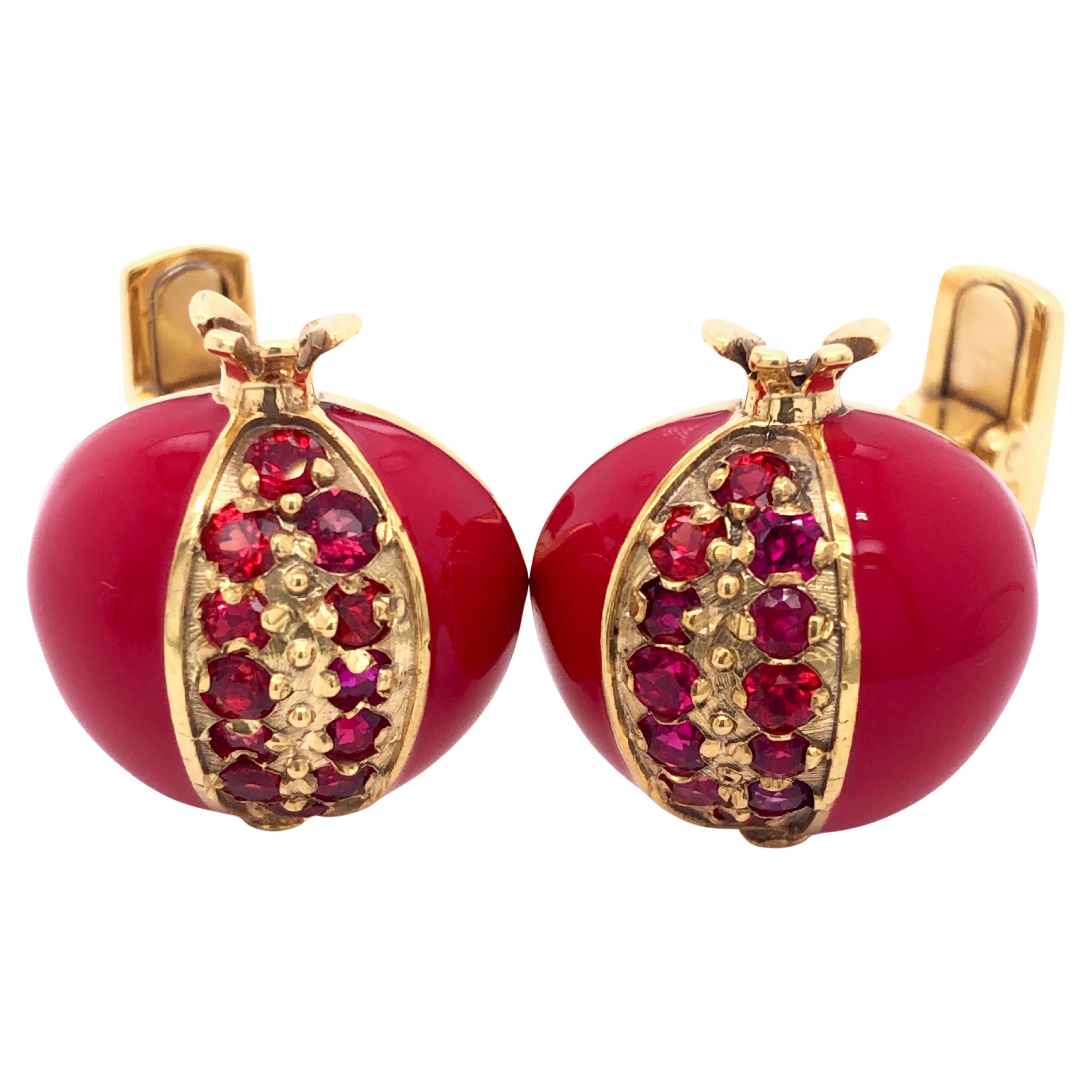 Berca 2.05 Karat Ruby Red Hand Enameled Pomegranate Shaped Gold Cufflinks For Sale