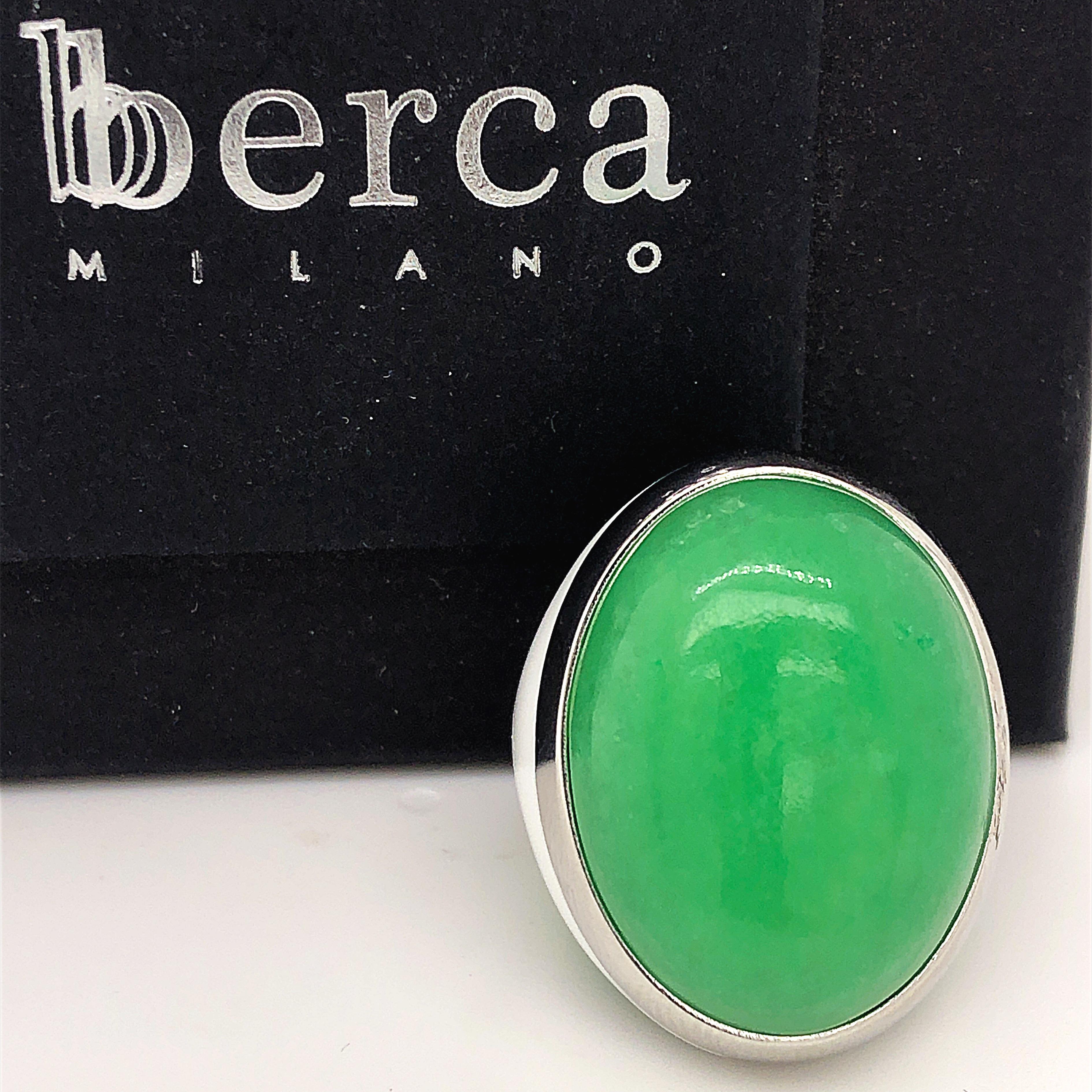 Oval Cut Berca 21.2 Kt Green Jade White Hand Enameled Sterling Silver Cocktail Ring