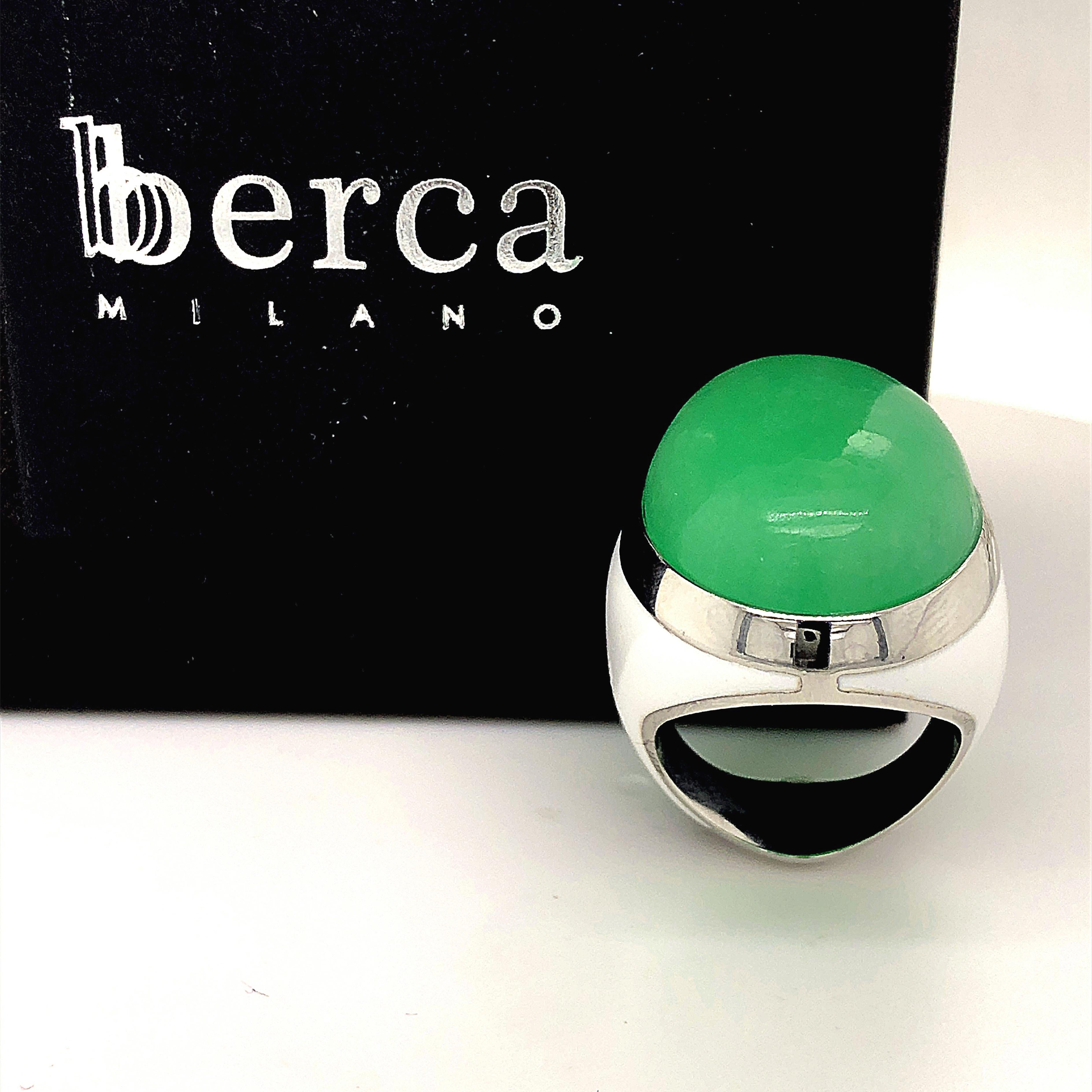 Berca 21.2 Kt Green Jade White Hand Enameled Sterling Silver Cocktail Ring 1