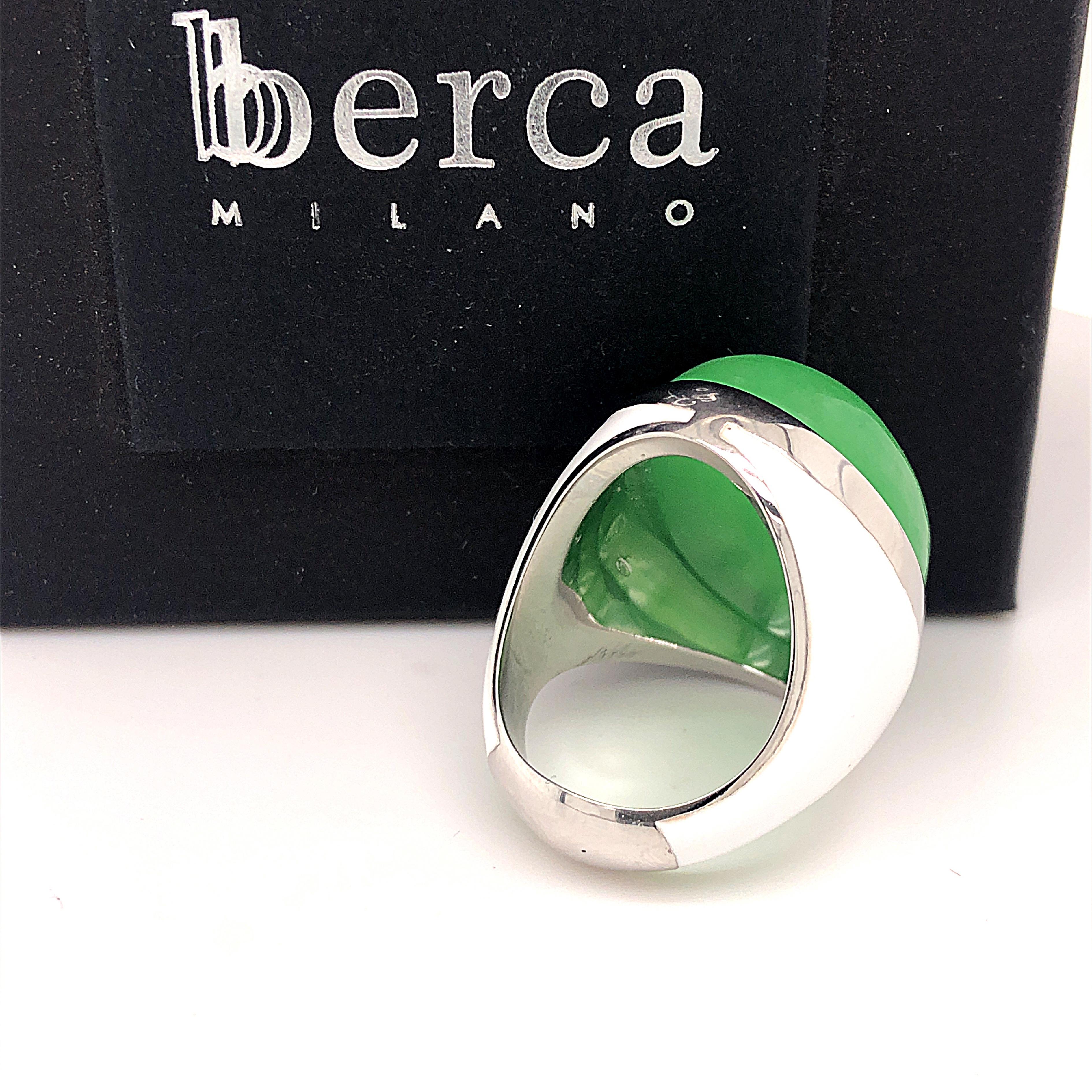 Berca 21.2 Kt Green Jade White Hand Enameled Sterling Silver Cocktail Ring 2