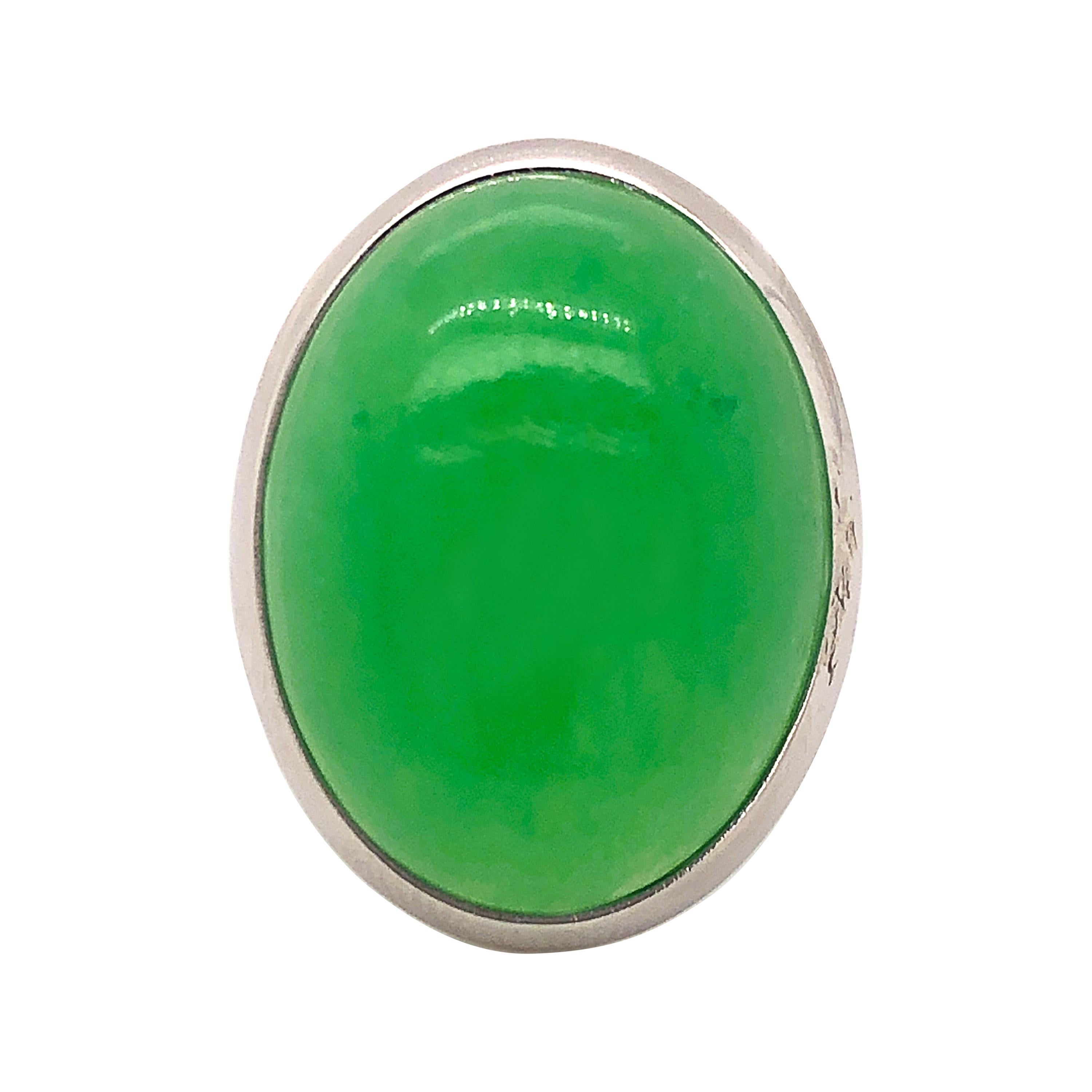 Berca 21.2 Kt Green Jade White Hand Enameled Sterling Silver Cocktail Ring