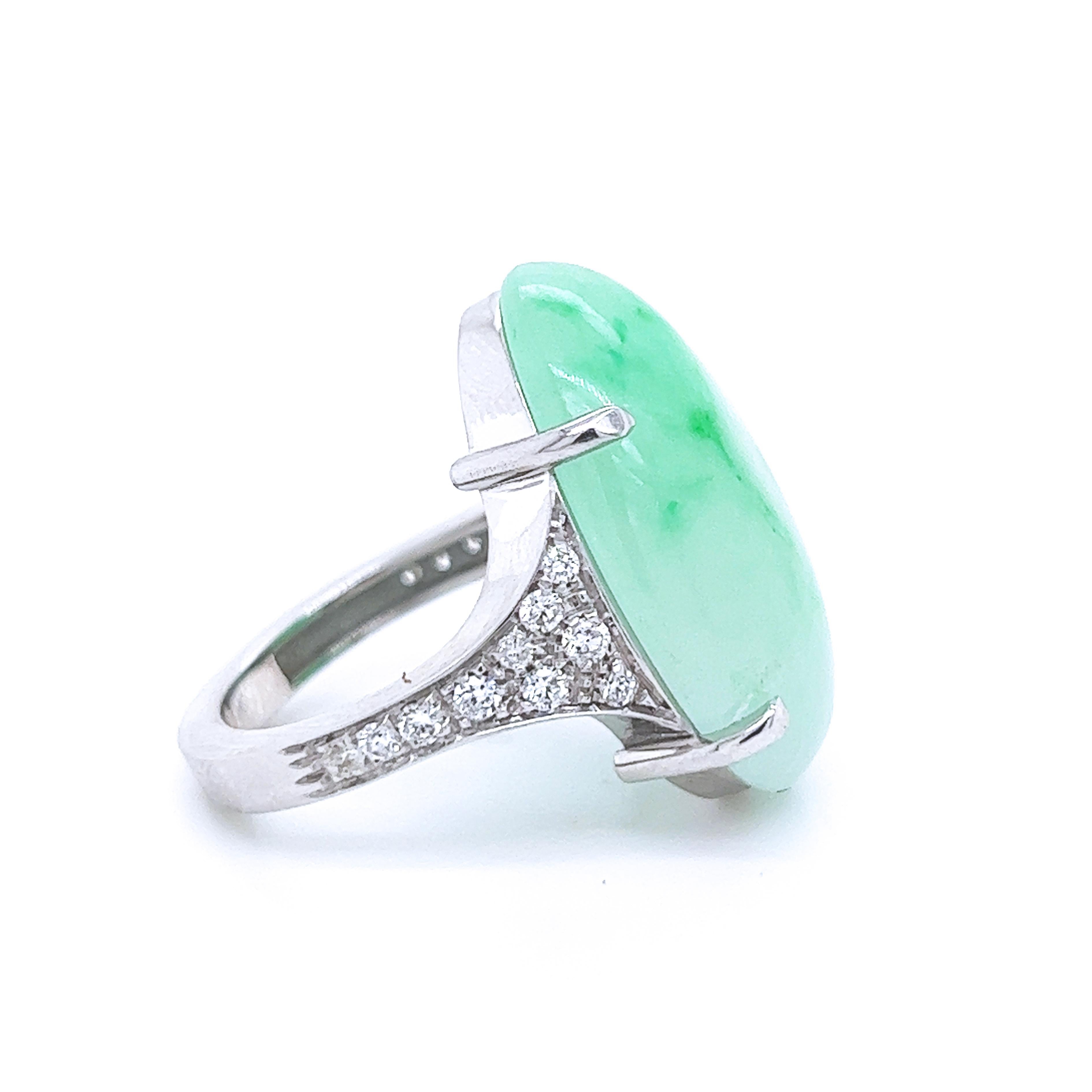 Contemporary Berca 23.30 Kt Natural Green Jade White Diamond White Gold Cocktail Ring For Sale