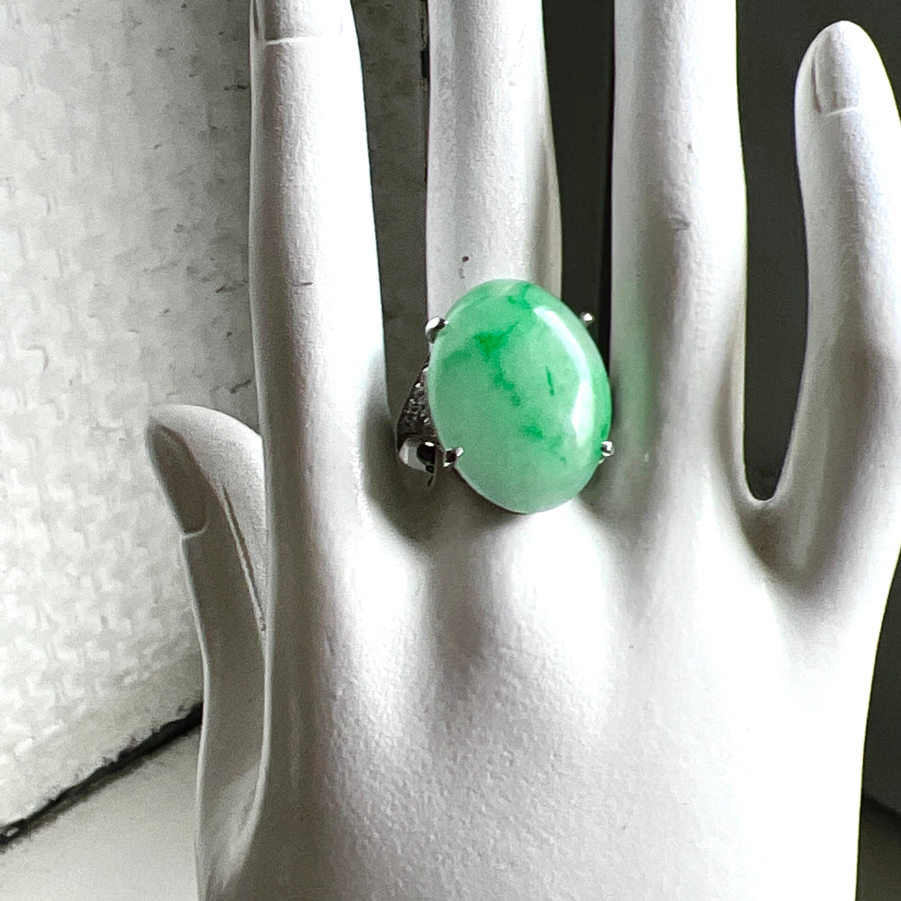 Oval Cut Berca 23.30 Kt Natural Green Jade White Diamond White Gold Cocktail Ring For Sale