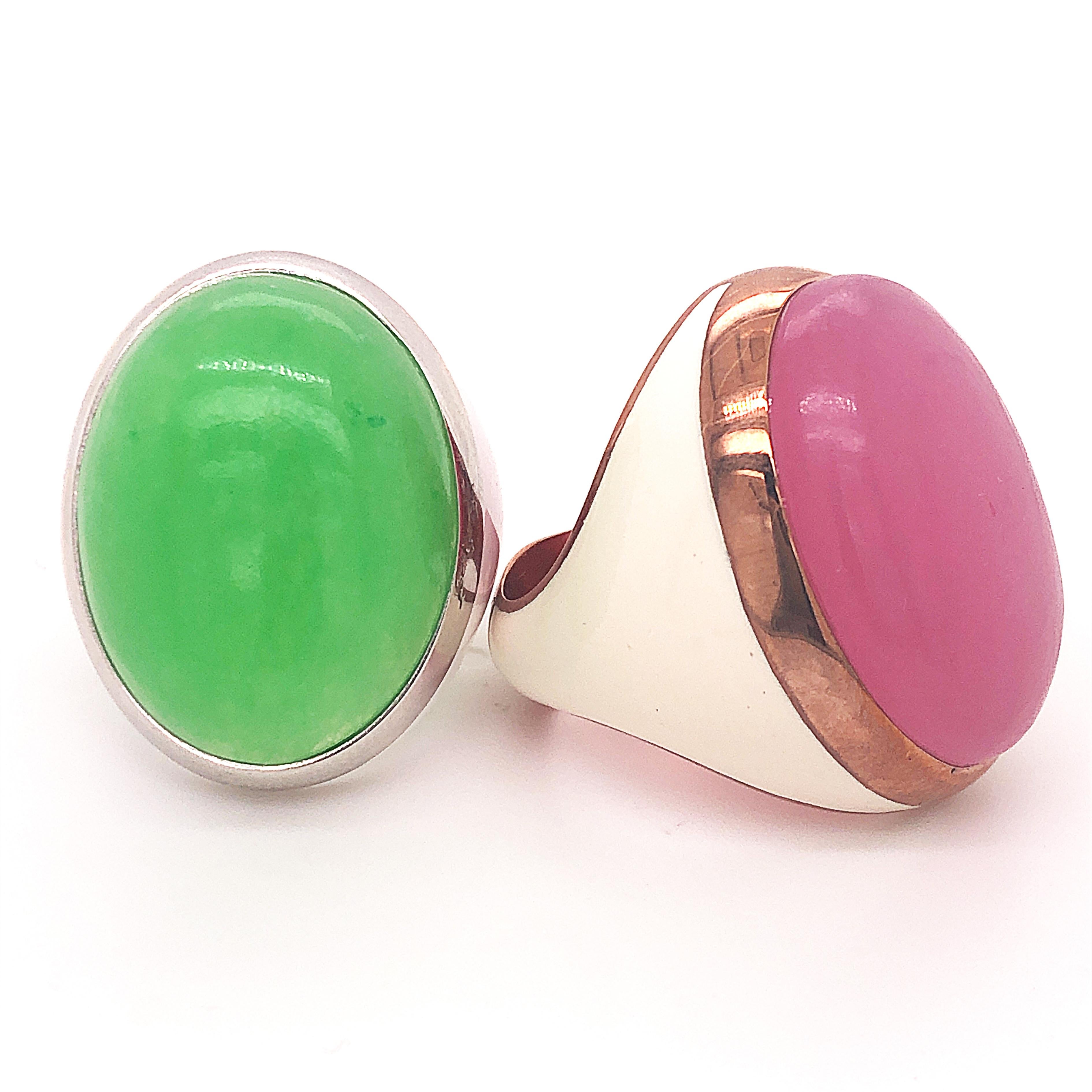 Berca 26.5 Kt Lavender Jade Beige Enameled Rose Sterling Silver Cocktail Ring For Sale 7