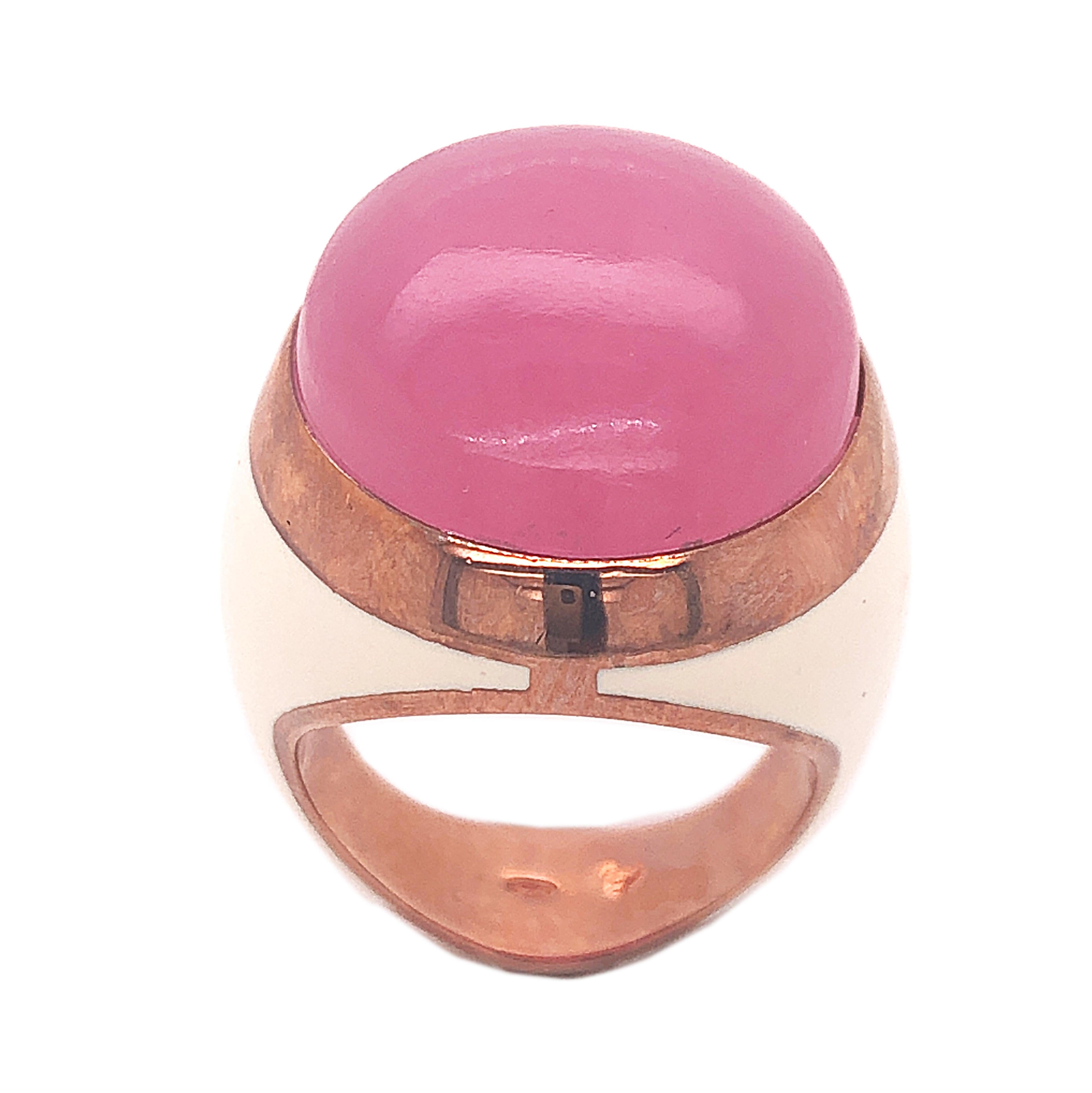 One-of-a-kind, Contemporary, Unique yet Chic Cocktail Ring Featuring a 26.5 Carat Natural Lavender Jade Cabochon (0.949x0.718in) in a Beige Hand Enameled Rose Oxidized Sterling Silver Setting.
The color-changing of the Lavender Jade's cabochon