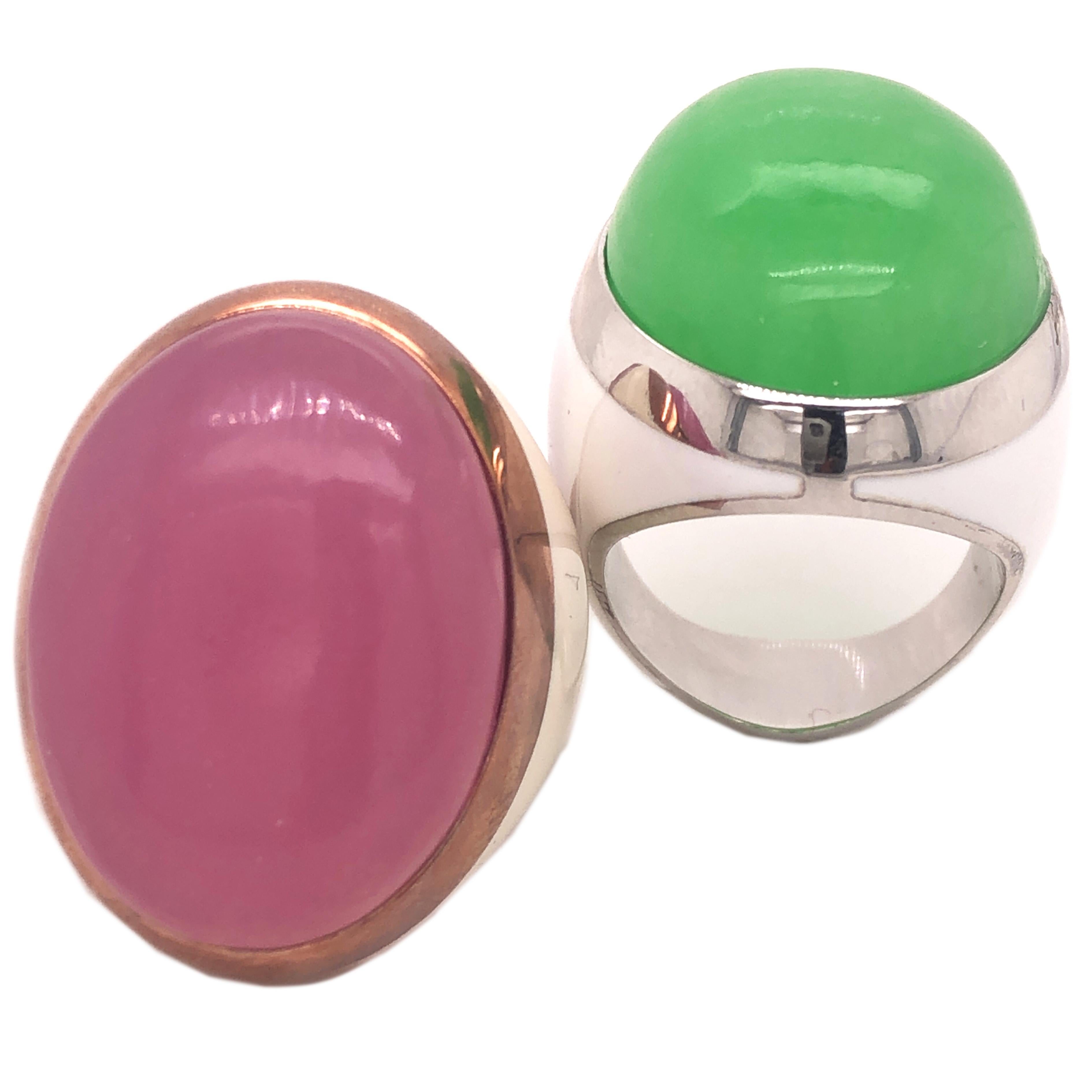 Berca 26.5 Kt Lavender Jade Beige Enameled Rose Sterling Silver Cocktail Ring For Sale 5