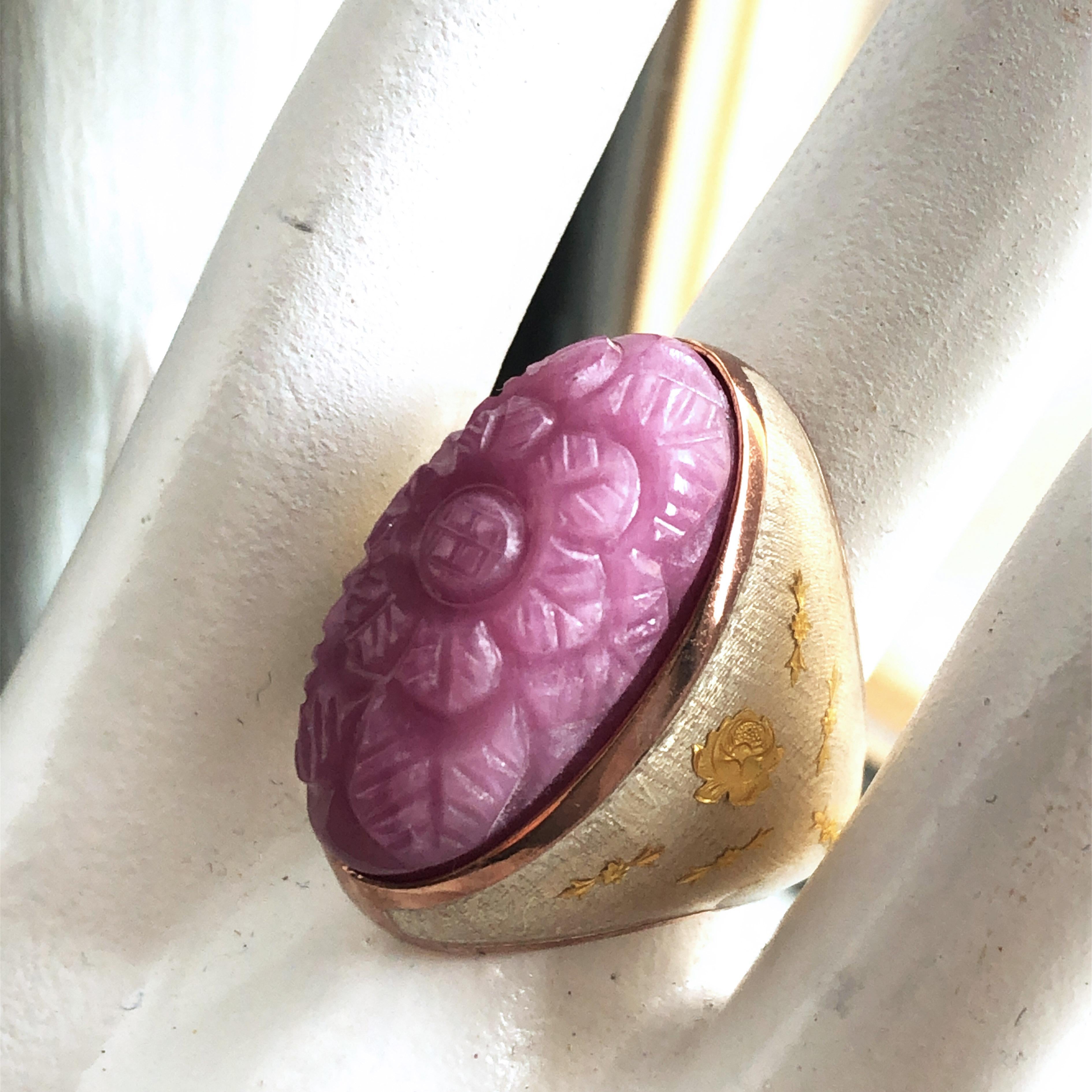 Berca 27.95Kt Carved Pink Sapphire Gold Enameled Sterling Silver Cocktail Ring For Sale 6