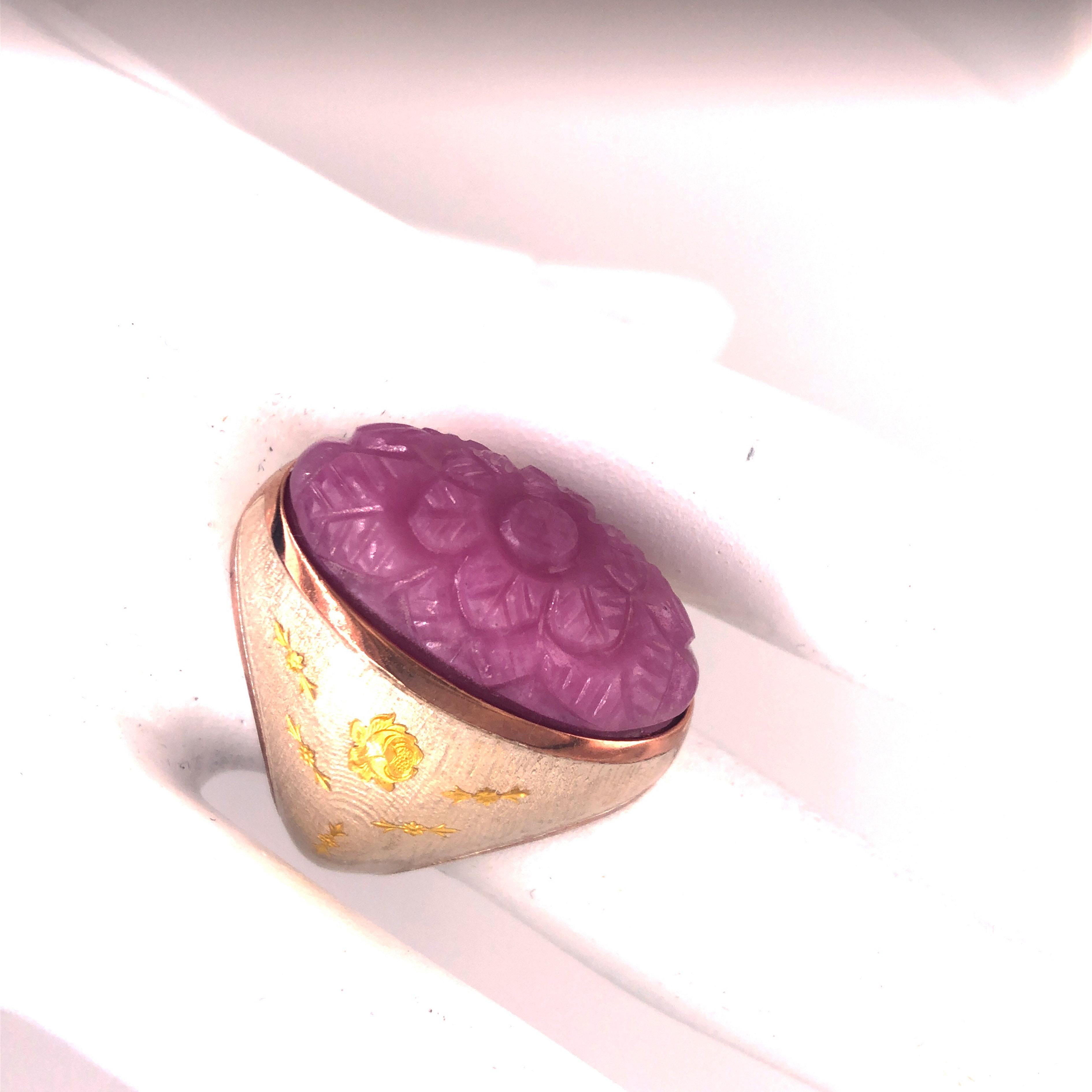 Berca 27.95Kt Carved Pink Sapphire Gold Enameled Sterling Silver Cocktail Ring For Sale 7
