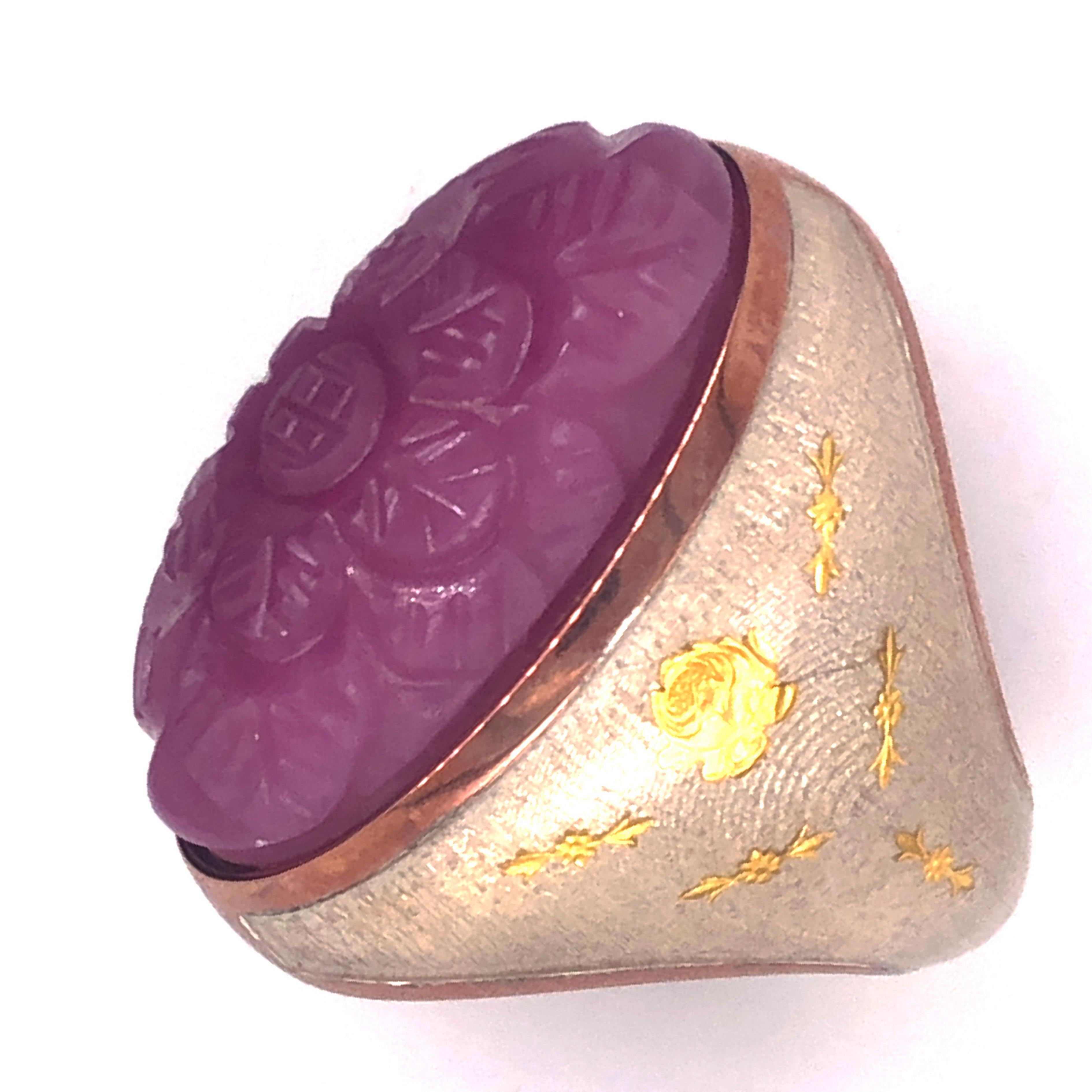 Berca 27.95Kt Carved Pink Sapphire Gold Enameled Sterling Silver Cocktail Ring For Sale 8