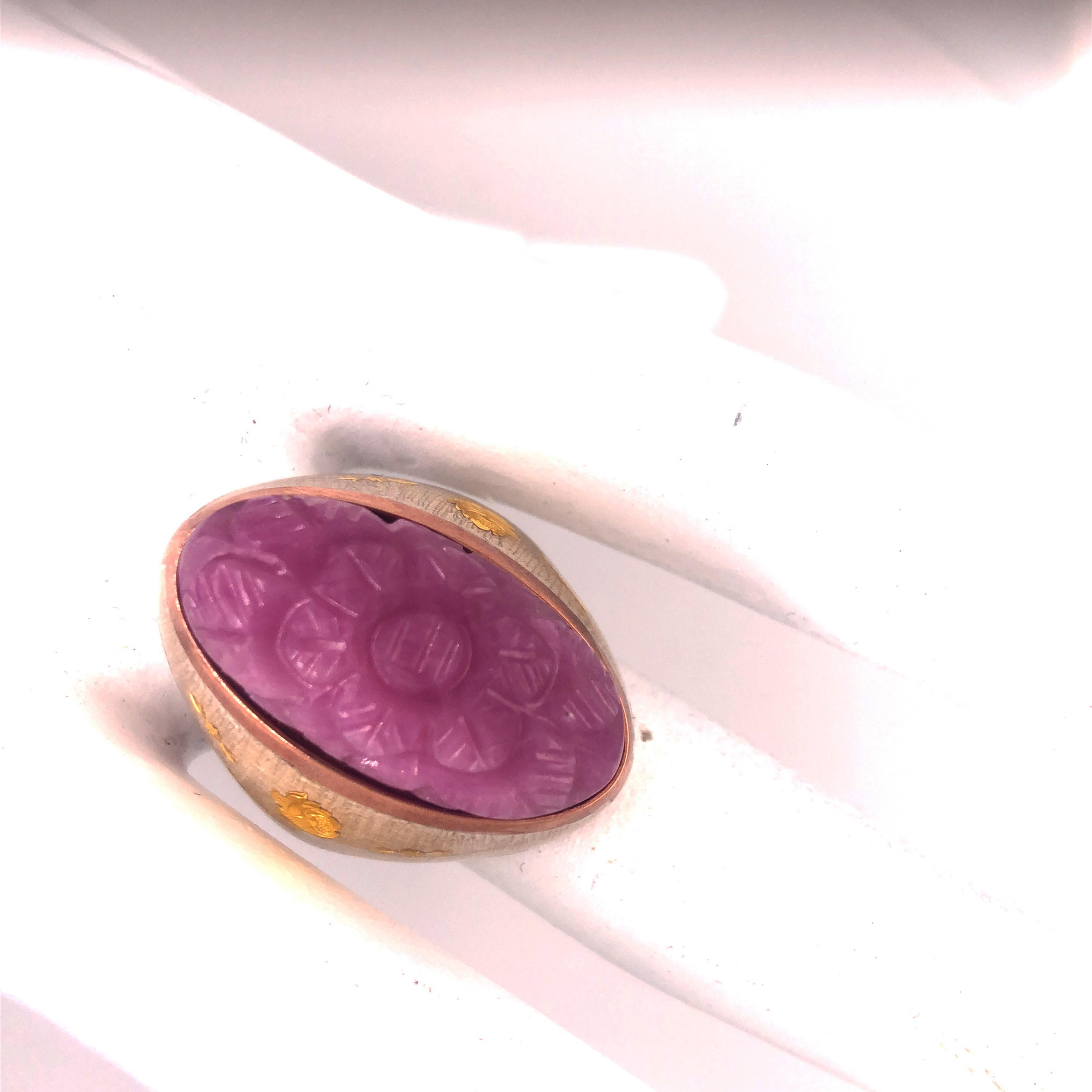 Berca 27.95Kt Carved Pink Sapphire Gold Enameled Sterling Silver Cocktail Ring For Sale 9