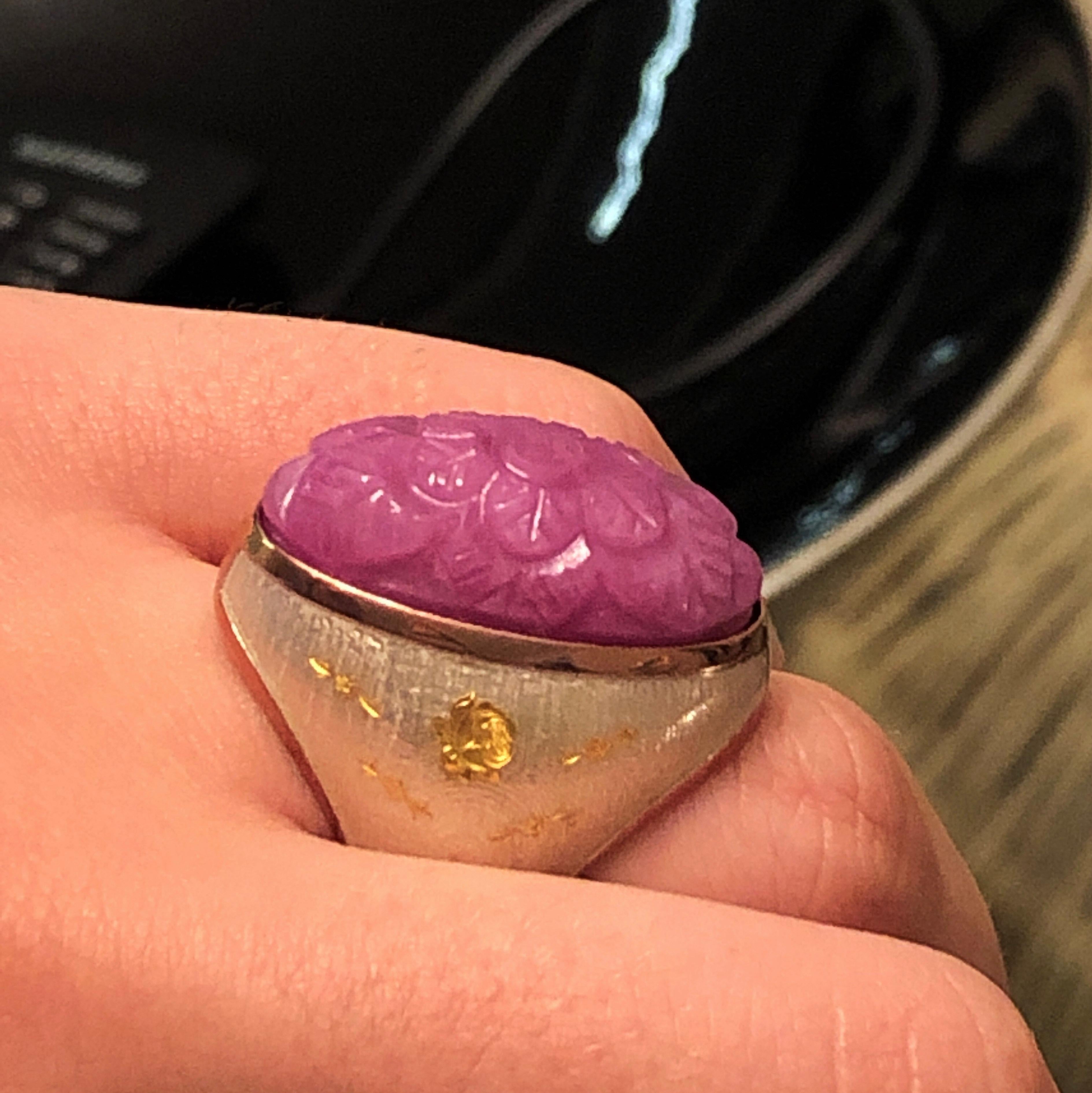 Berca 27.95Kt Carved Pink Sapphire Gold Enameled Sterling Silver Cocktail Ring For Sale 10