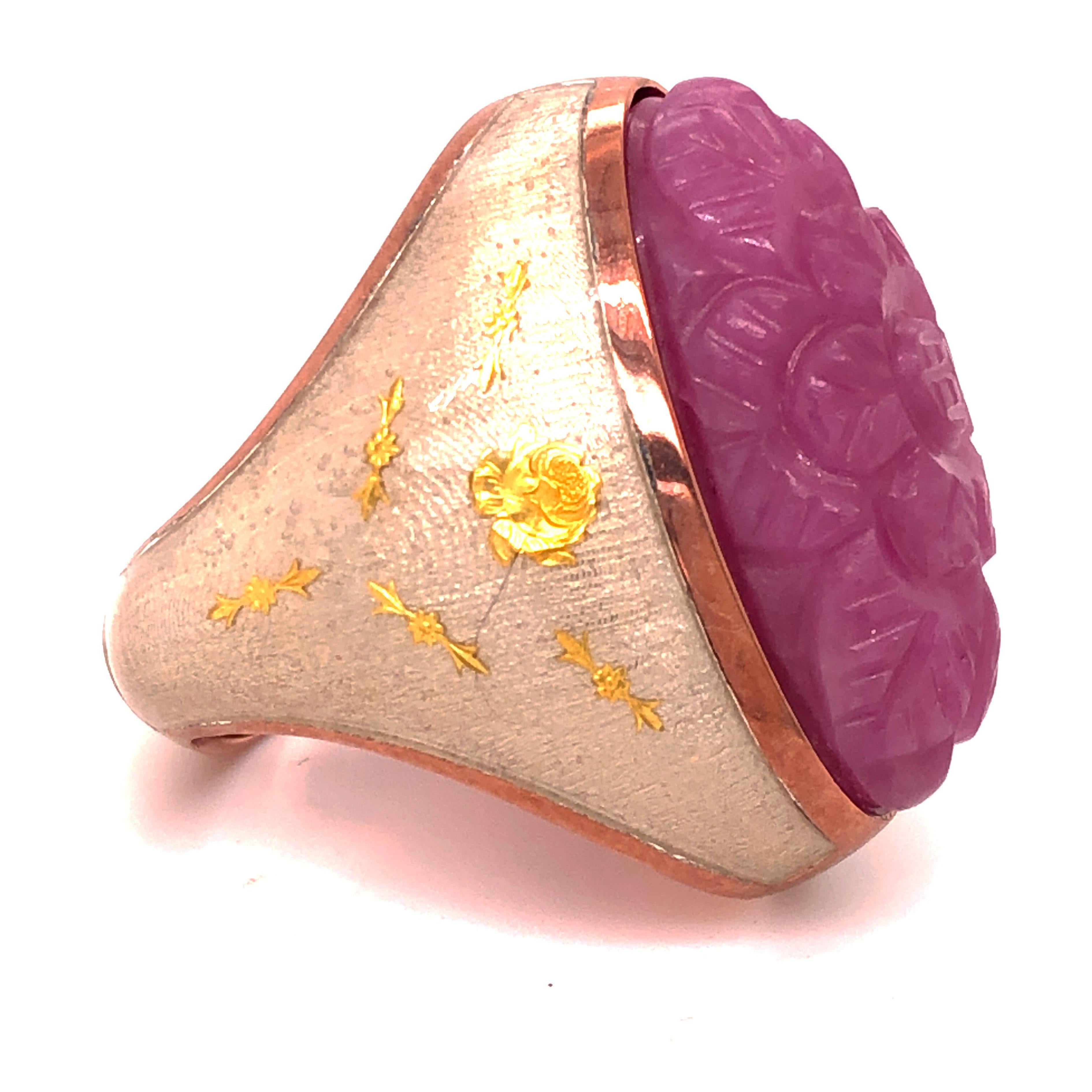 Berca 27.95Kt Carved Pink Sapphire Gold Enameled Sterling Silver Cocktail Ring For Sale 12