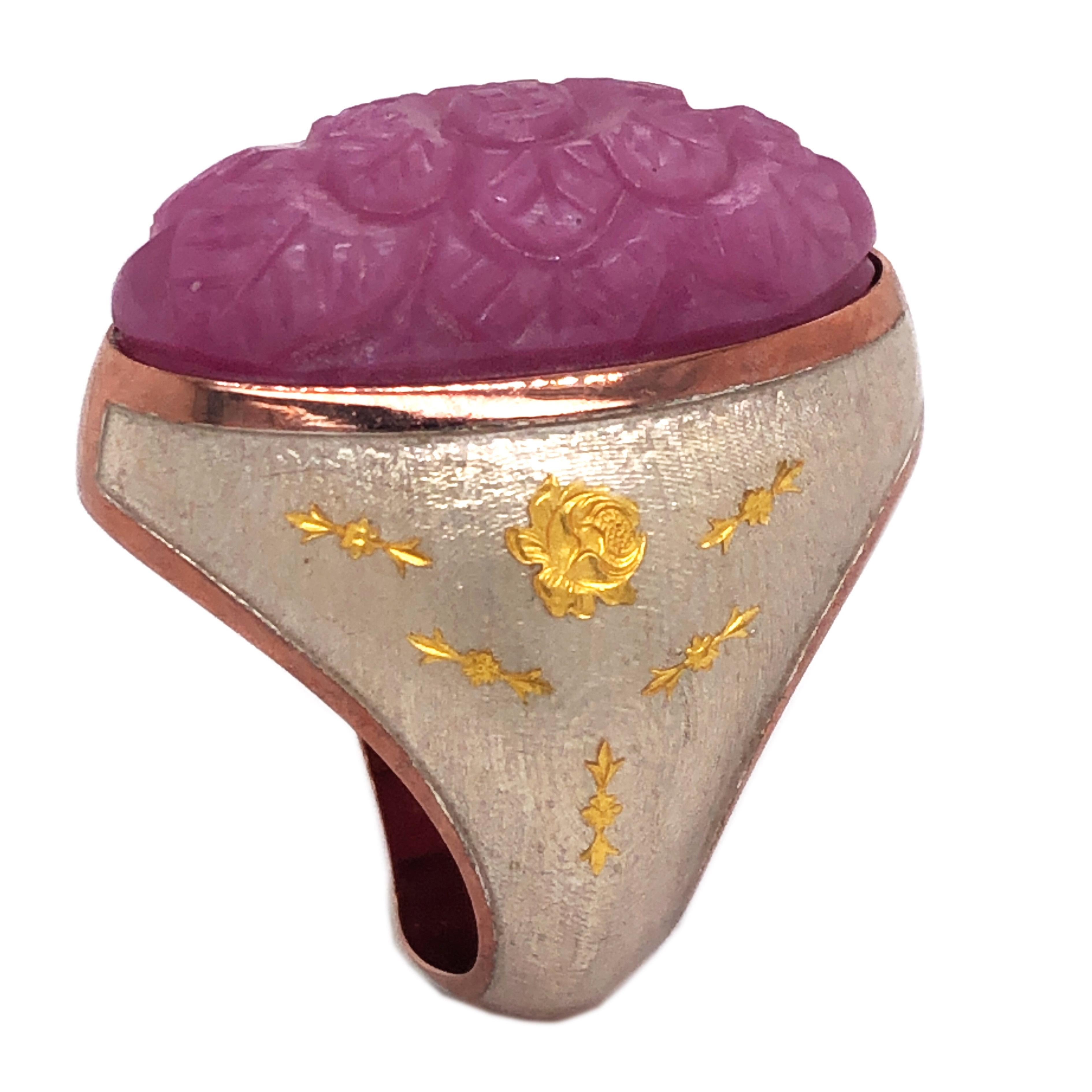 Contemporary Berca 27.95Kt Carved Pink Sapphire Gold Enameled Sterling Silver Cocktail Ring For Sale
