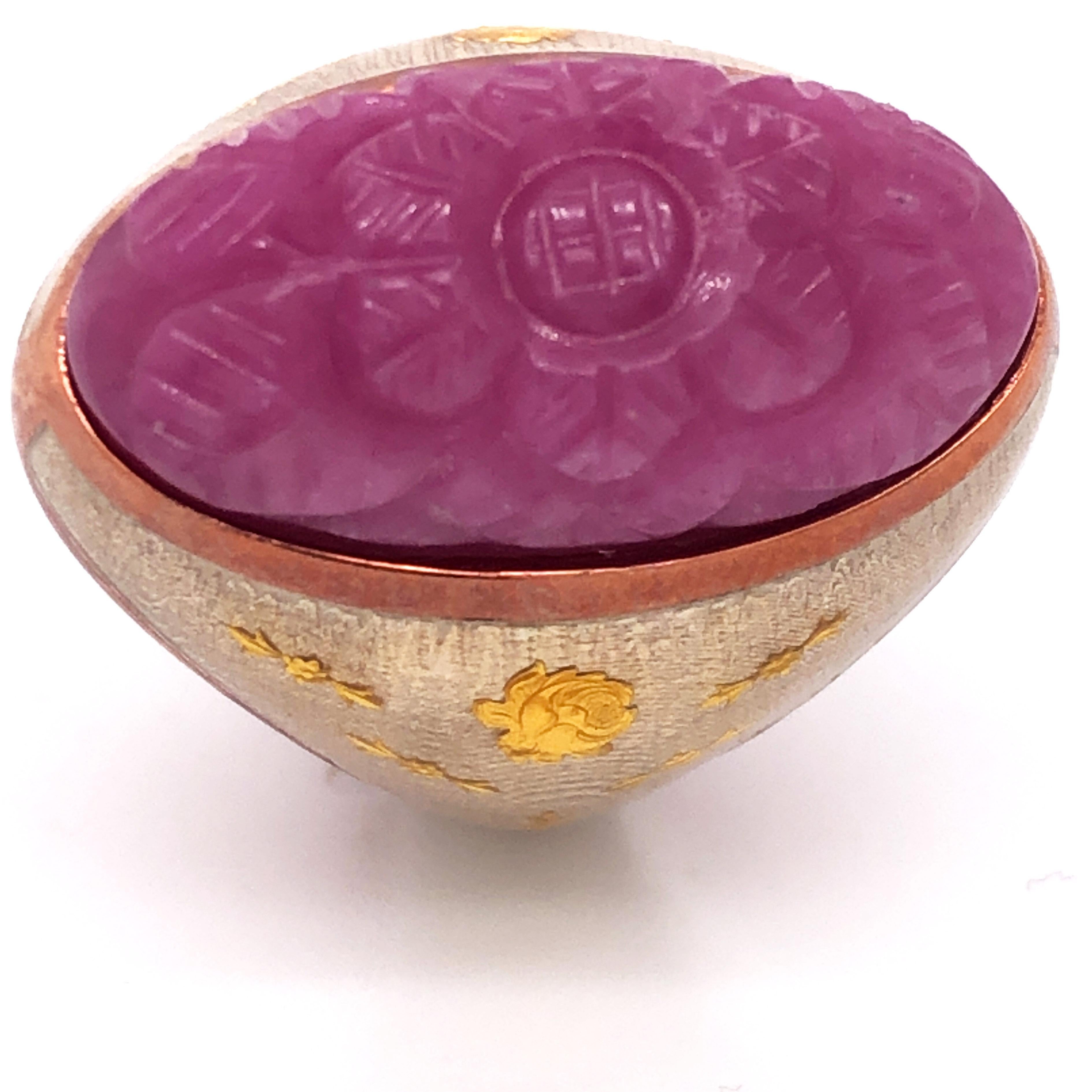 Cabochon Berca 27.95Kt Carved Pink Sapphire Gold Enameled Sterling Silver Cocktail Ring For Sale