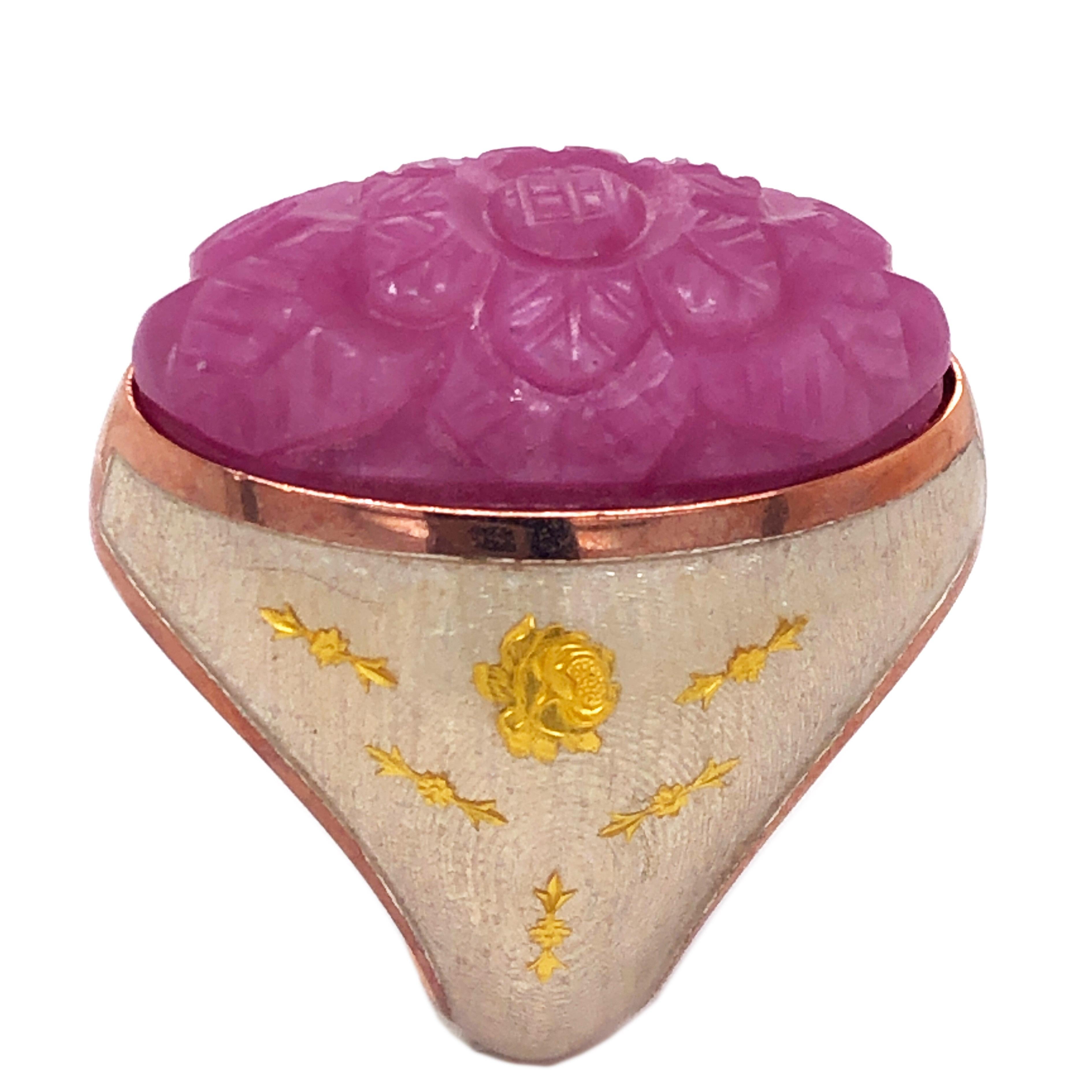 Berca 27.95Kt Carved Pink Sapphire Gold Enameled Sterling Silver Cocktail Ring For Sale 1