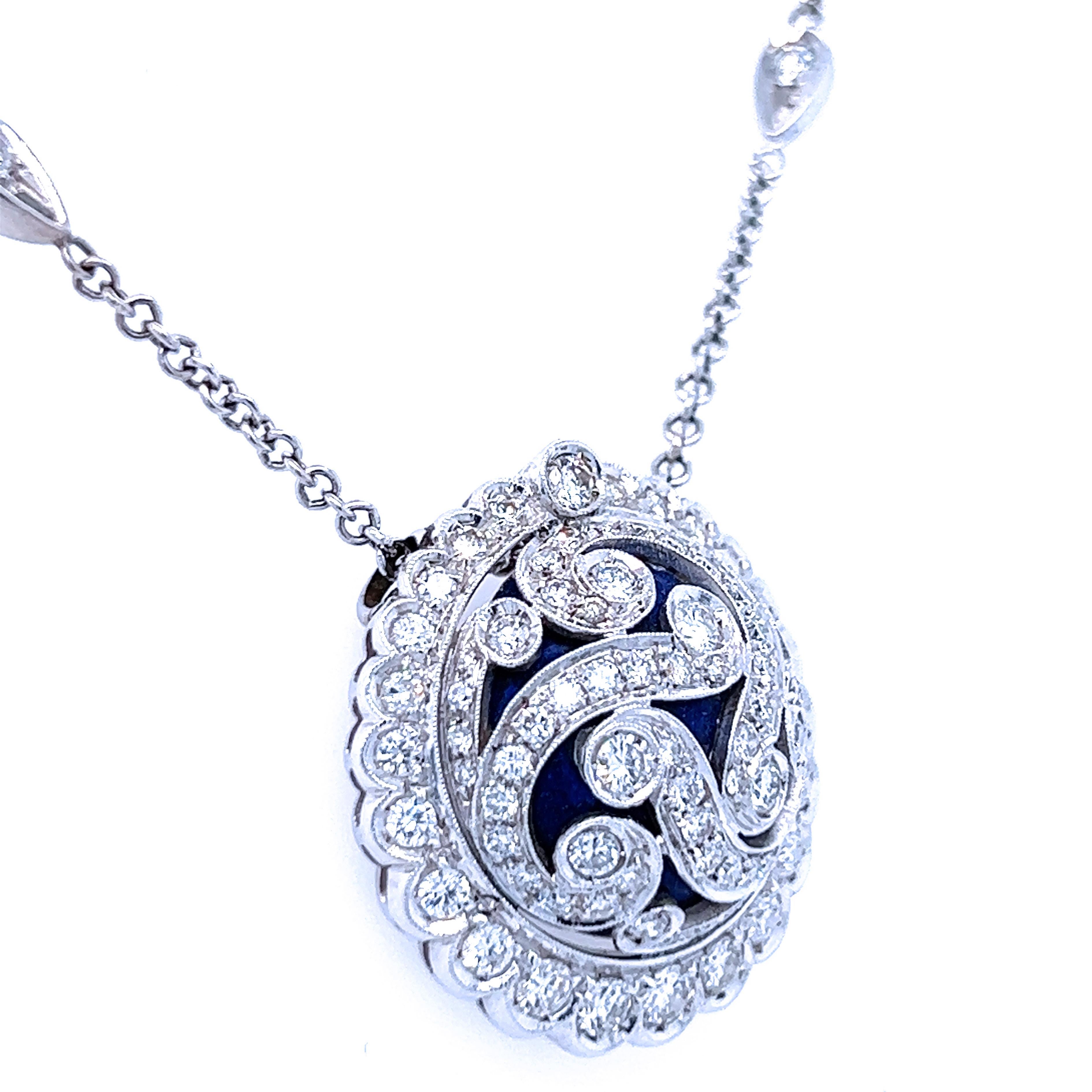 Art Deco 2.80 Karat White Diamond Royal Blue Enamel White Gold Necklace For Sale