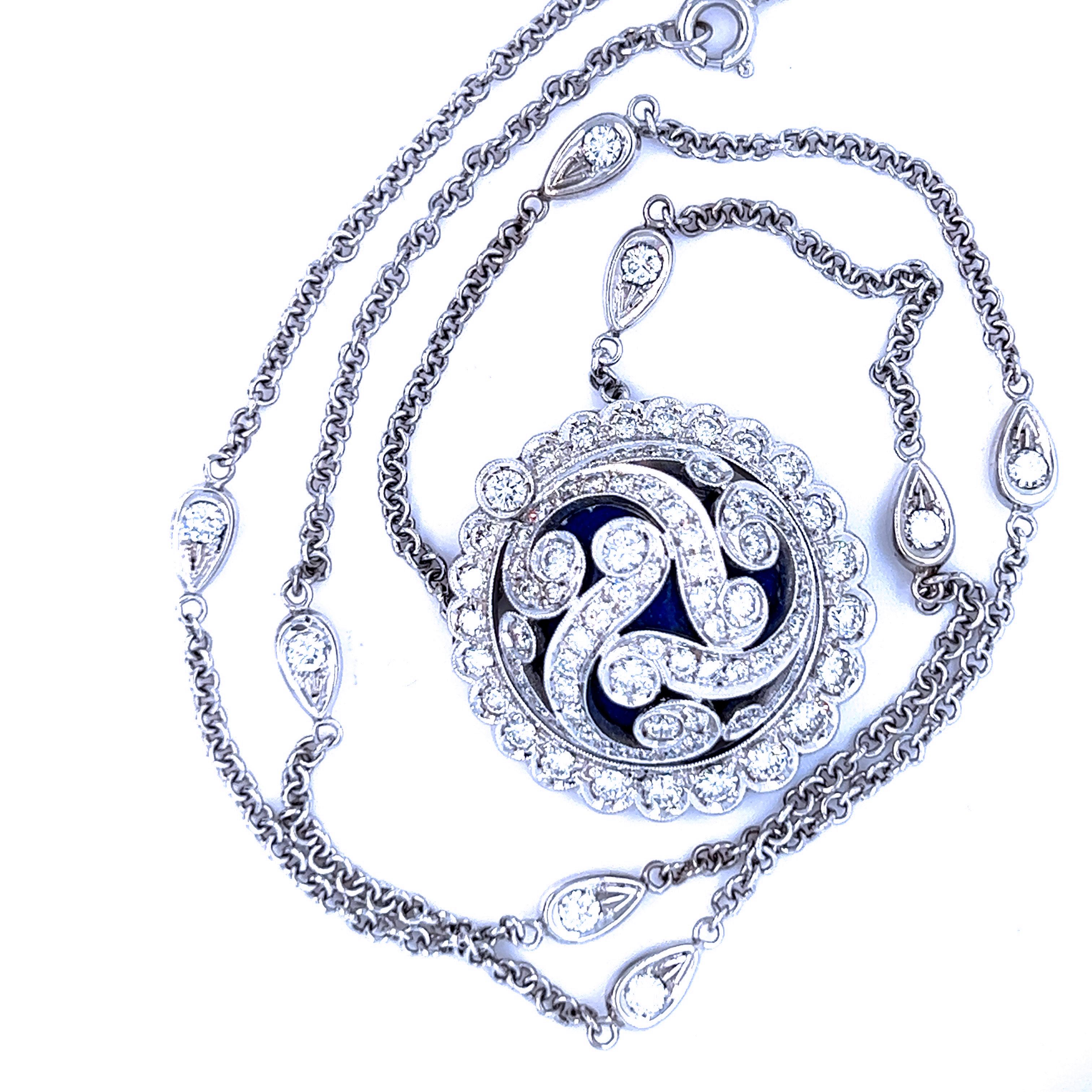 Brilliant Cut 2.80 Karat White Diamond Royal Blue Enamel White Gold Necklace For Sale