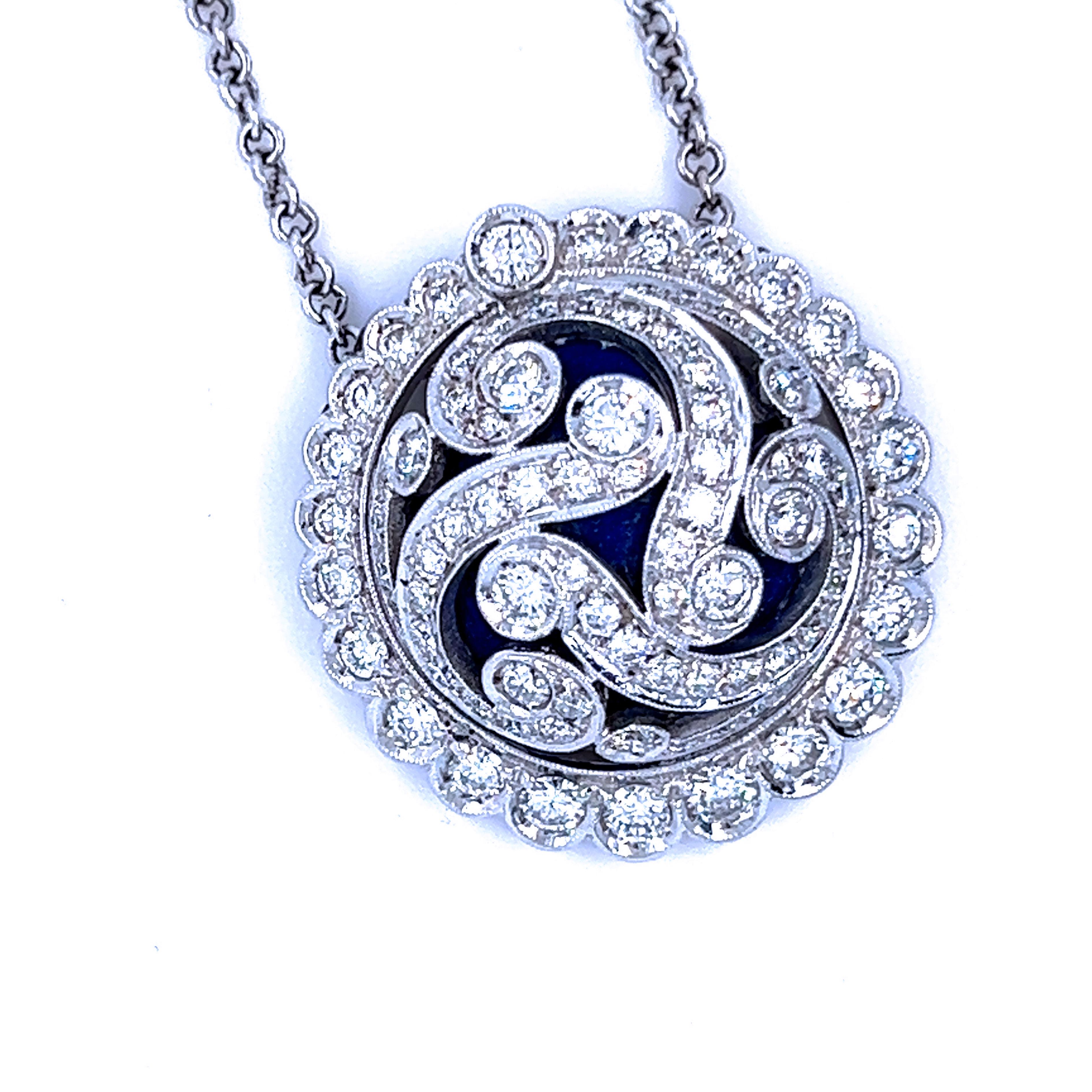 2.80 Karat White Diamond Royal Blue Enamel White Gold Necklace In New Condition For Sale In Valenza, IT