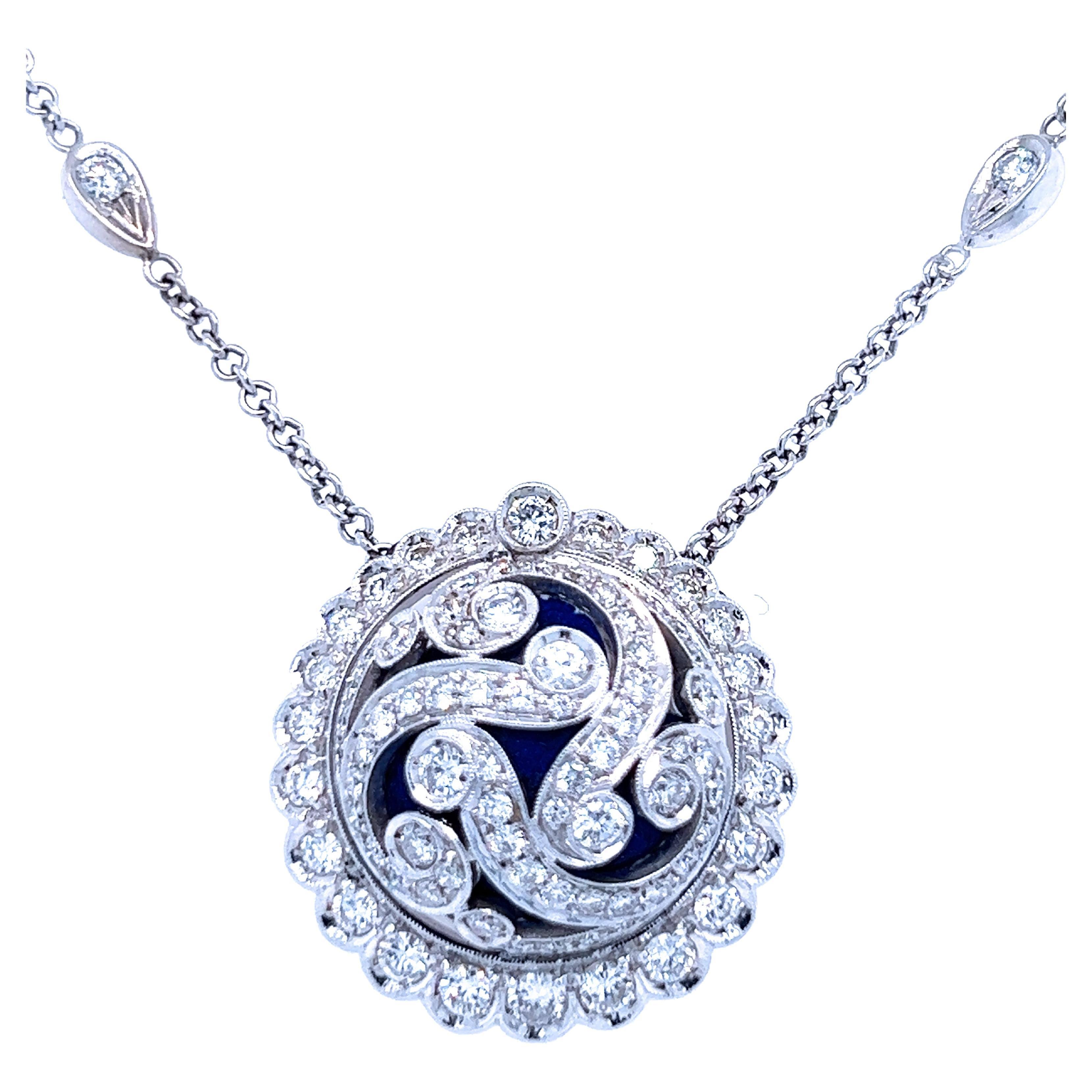 2.80 Karat White Diamond Royal Blue Enamel White Gold Necklace