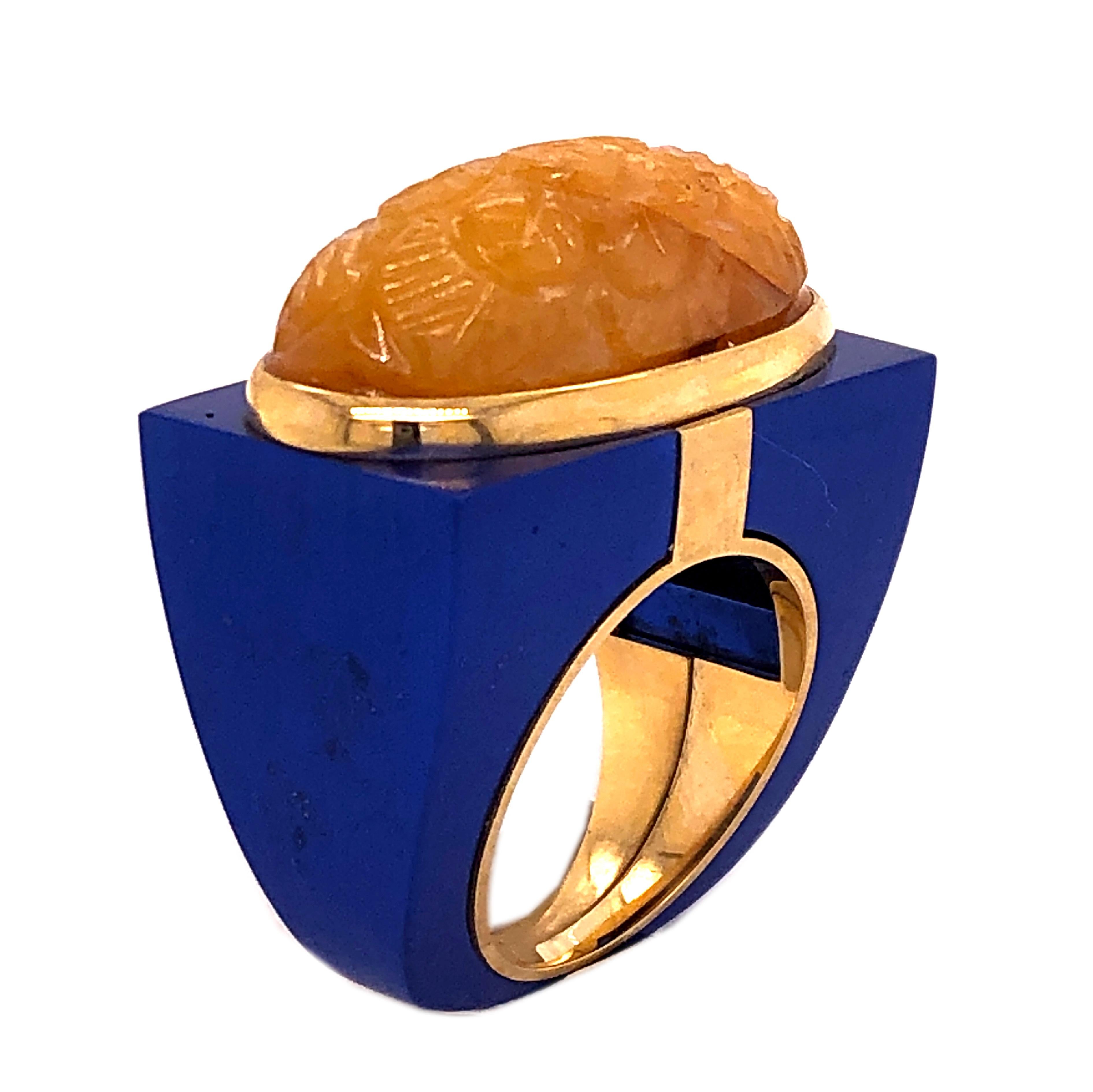 Cabochon Berca 30.9 Kt Natural Yellow Sapphire Blue Oxidized Yellow Gold Cocktail Ring