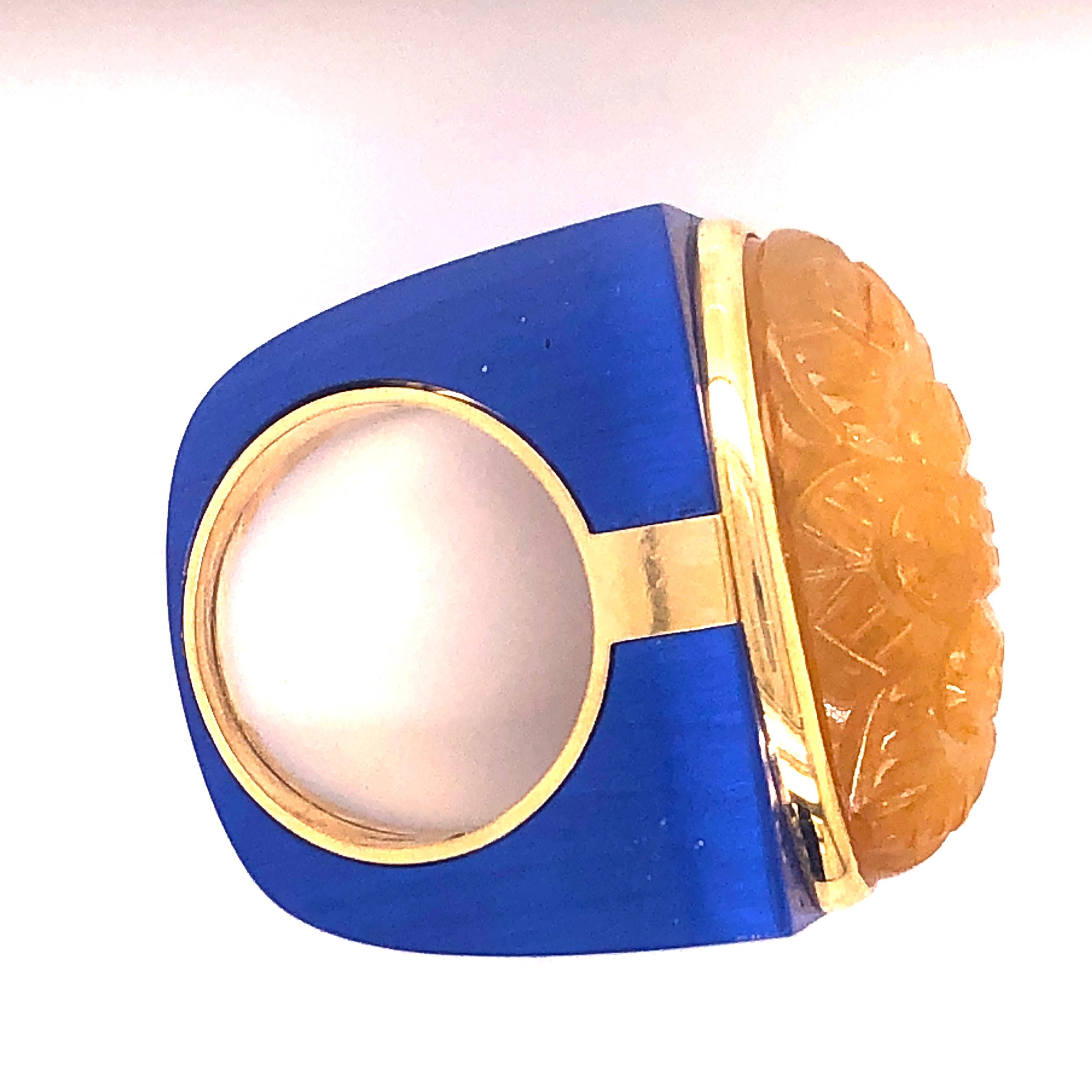 Berca 30.9 Kt Natural Yellow Sapphire Blue Oxidized Yellow Gold Cocktail Ring 3