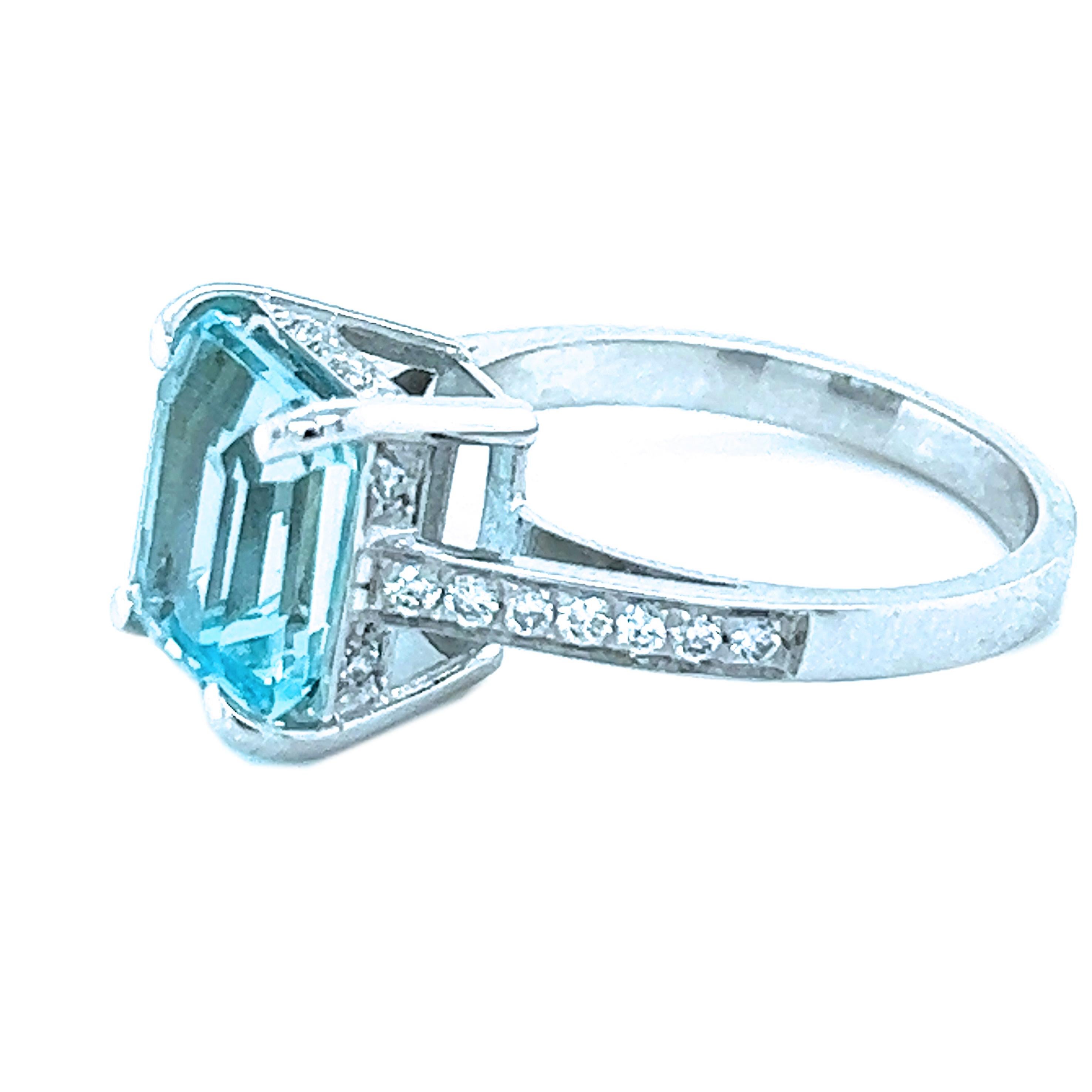 One-of-a-kind 3.11 Carat Emerald Cut Natural Brazilian Aquamarine(0.395in lenght 0.324in width, 10x8.24mm) in a Chic yet Timeless 0.46Kt Top Quality(D-E, IF) White Diamond 18Kt White Gold Setting: perfect as engagement as well as cocktail ring.
US