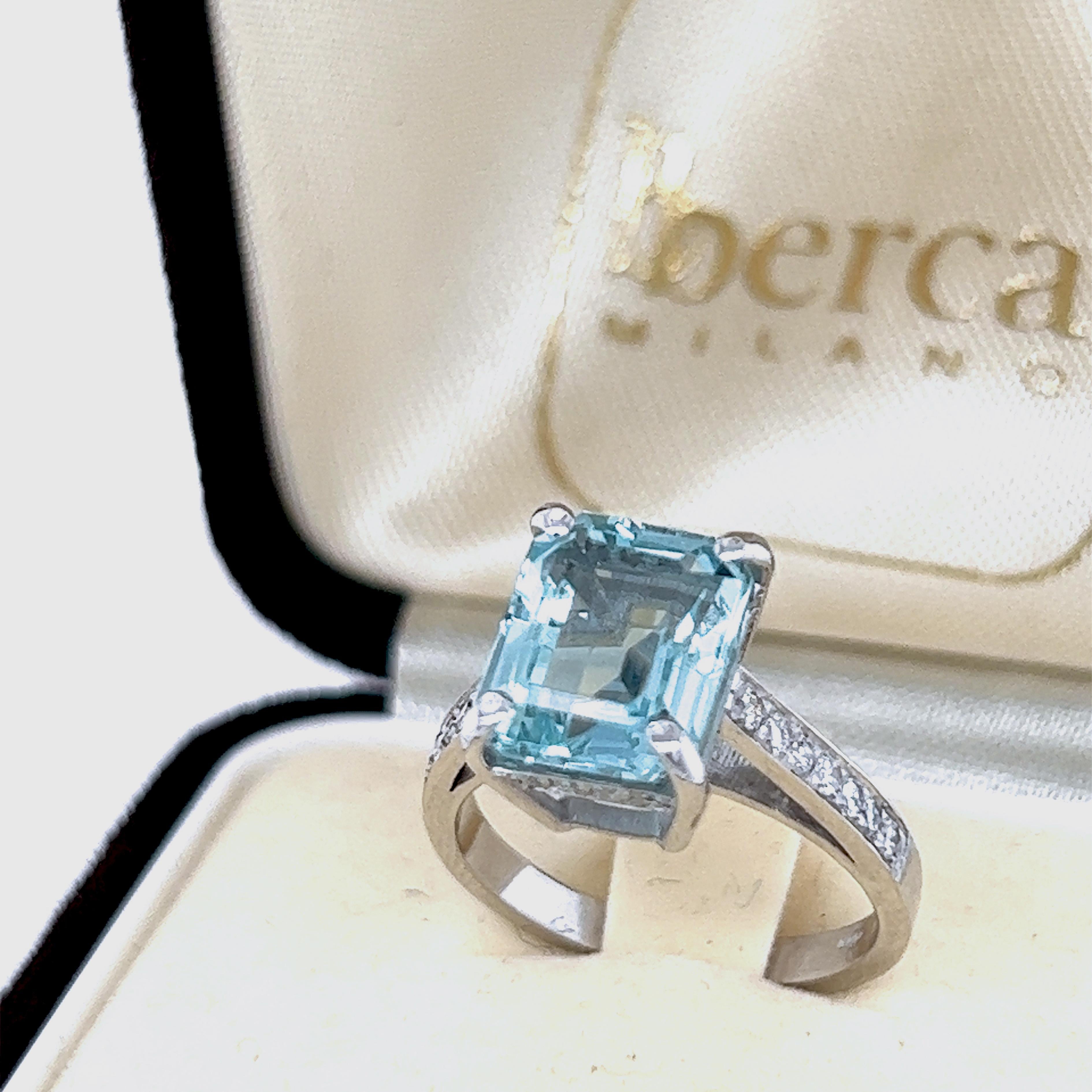 Berca 3.11 Karat Emerald Cut Brazilian Aquamarine White Diamond Cocktail Ring For Sale 1