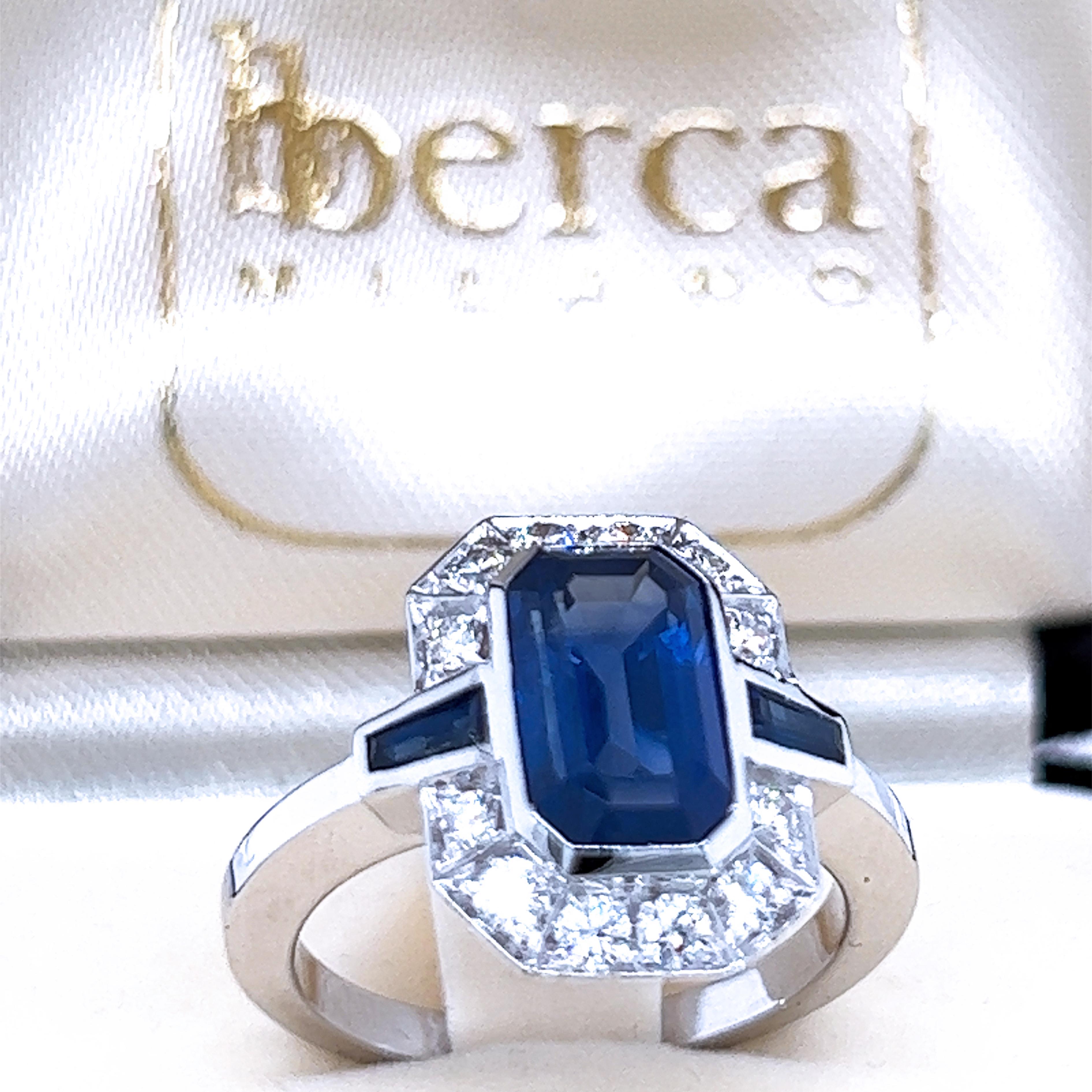 Women's Berca 3.17kt Igi Certified Royal Blue Sapphire Emerald Cut Diamond Ring For Sale