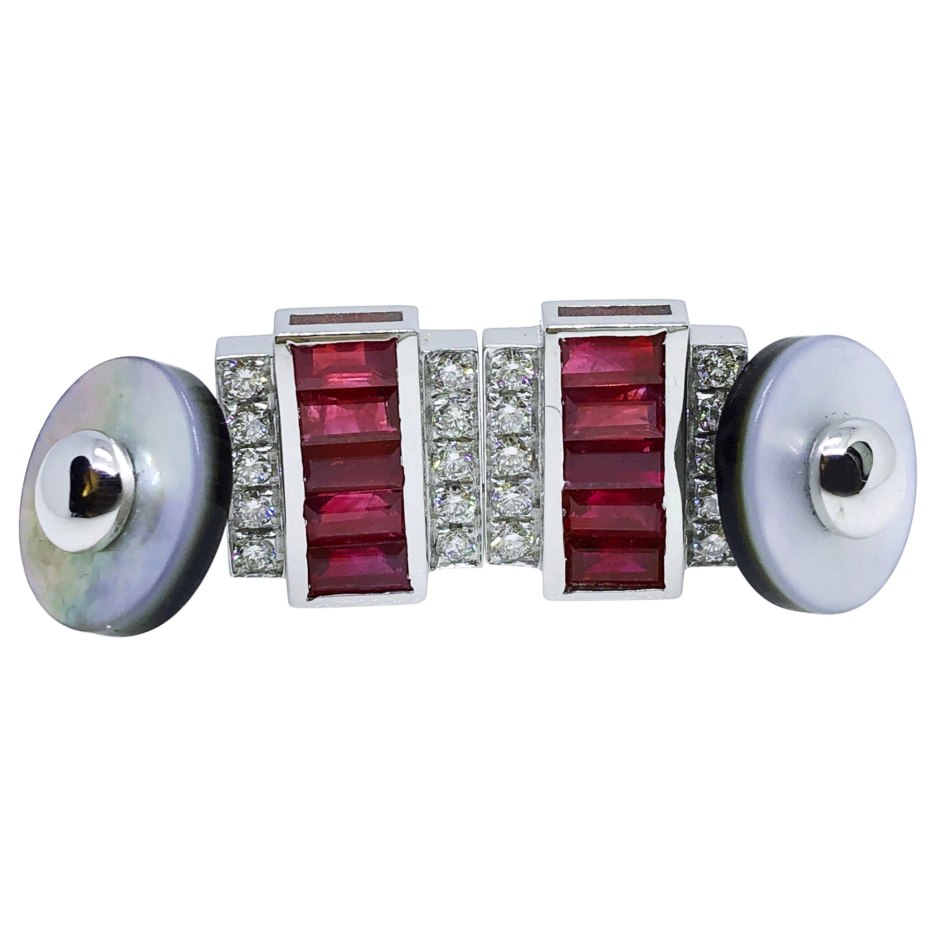 3.46 Karat Natural Ruby Baguette 0.59Kt White Diamond Moonstone Back Cufflinks For Sale