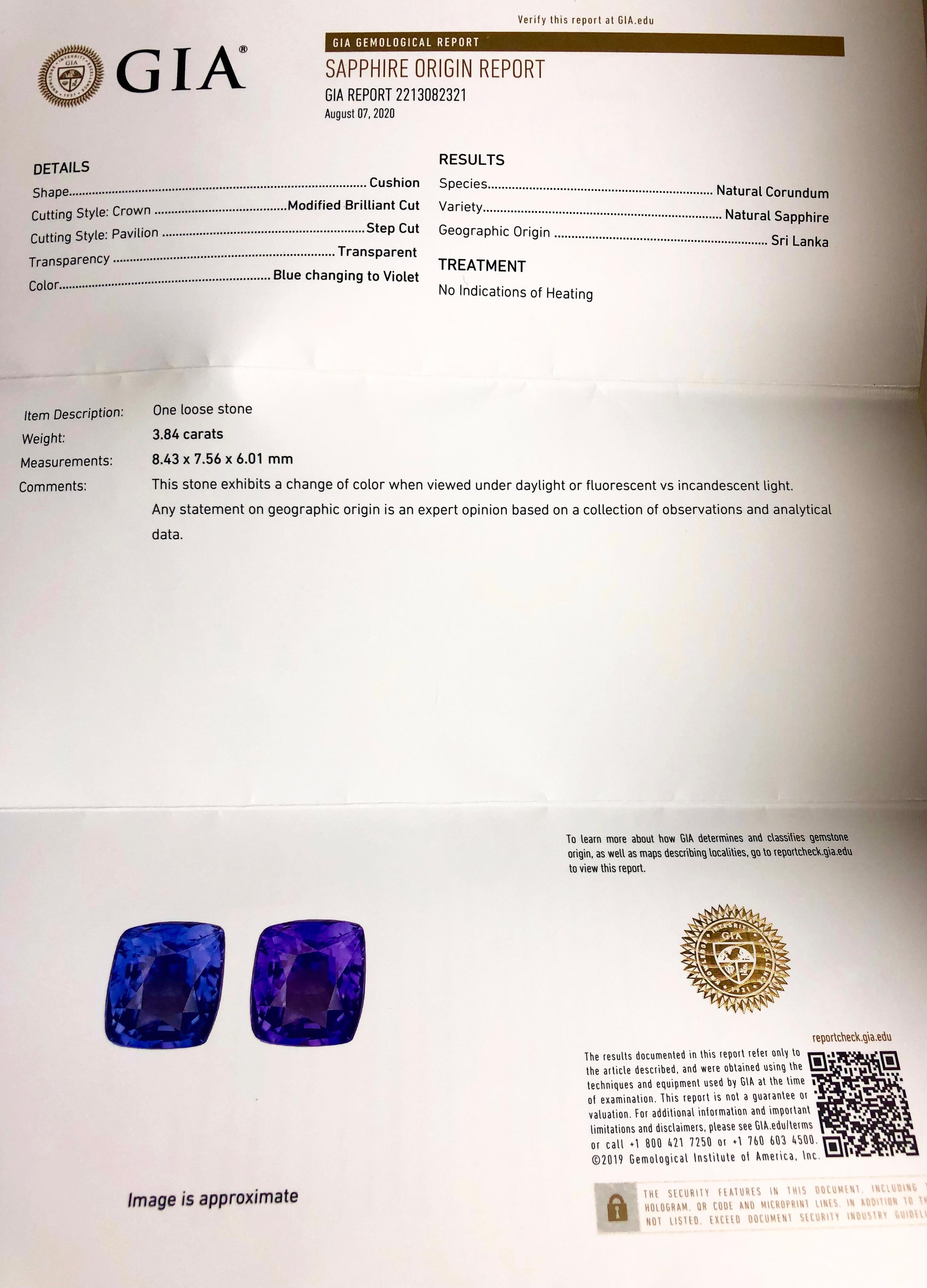 BERCA Anillo de diamantes con zafiro azul cambiante a violeta de 3,84 quilates certificado GIA sin calor en venta 9