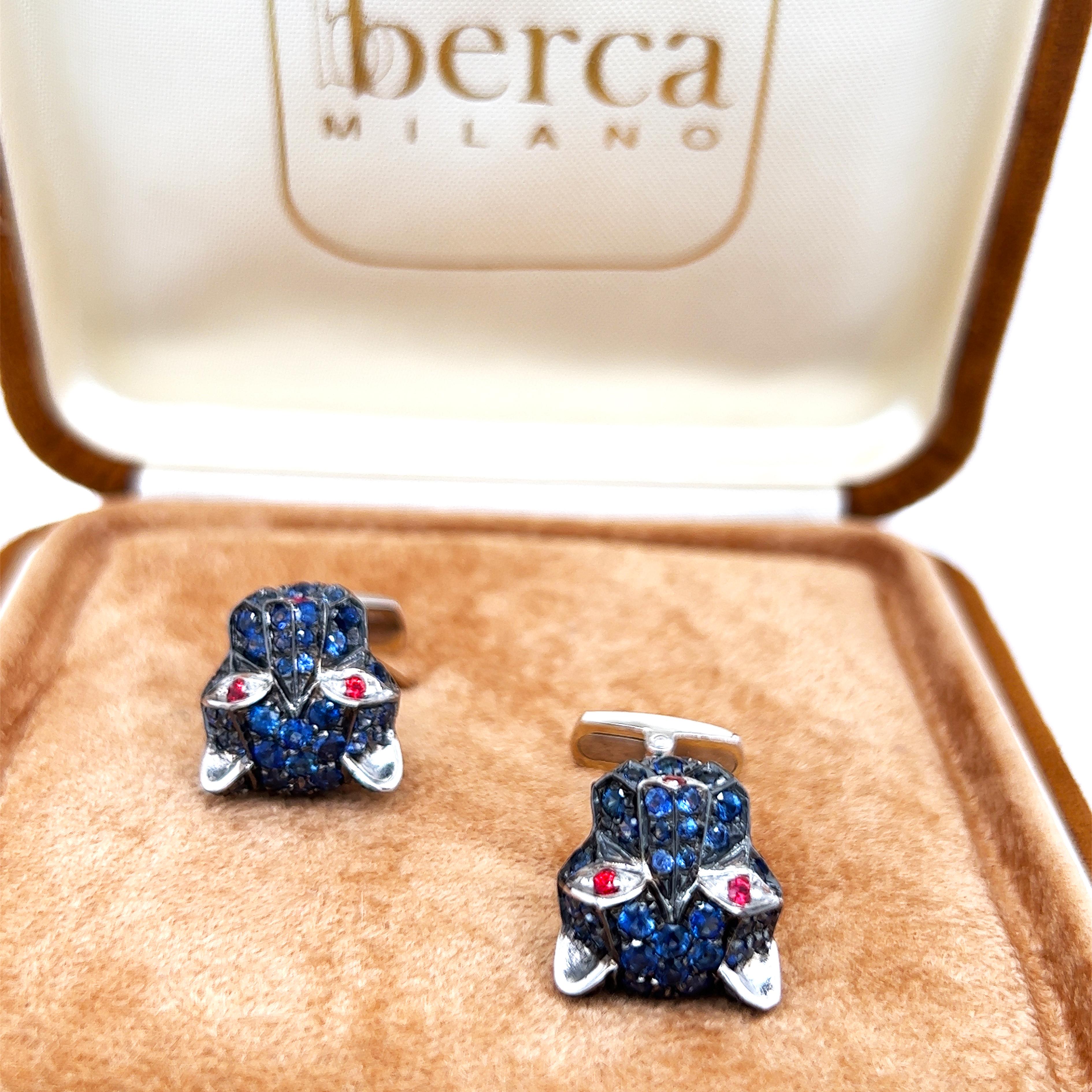 Berca 3.97 Karat Blue Sapphire 0.32kt Red Ruby Cougar Head Shaped Gold Cufflinks 6