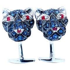 Berca 3.97 Karat Blue Sapphire 0.32kt Red Ruby Cougar Head Shaped Gold Cufflinks