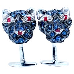 Berca 3.97 Karat Blue Sapphire 0.32kt Red Ruby Cougar Head Shaped Gold Cufflinks