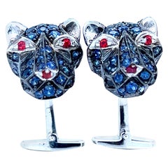 Berca 3.97 Karat Blue Sapphire 0.32kt Red Ruby Cougar Head Shaped Gold Cufflinks